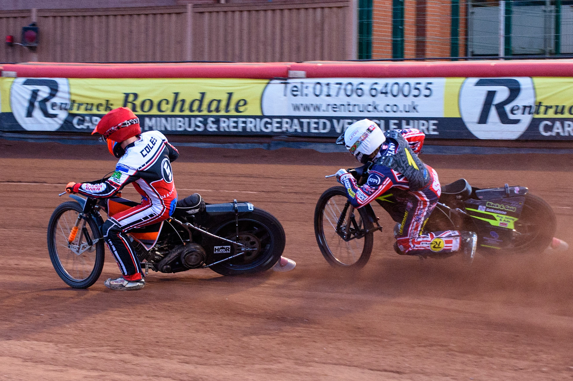 MANCHESTER, UK. MAY 28TH  Harry McGurk  (Red) passes Leon Flint  (White) on the inside during the SGB National Development League match between Belle Vue Colts and Berwick Bullets at the National Speedway Stadium, Manchester on Friday 28th May 2021. (Credit: Ian Charles | MI News)