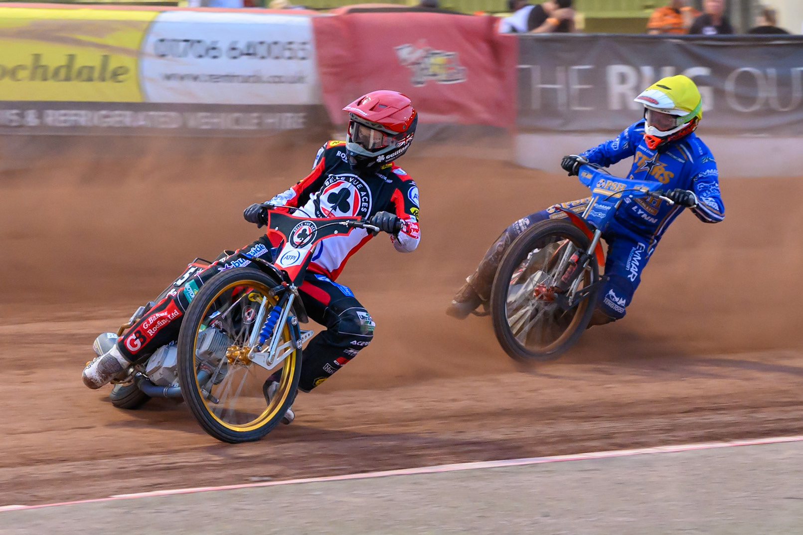 Jason Doyle of Belle Vue Aces in Red leading Jan Kvech of Kings Lynn Stars in Yellow during the Rowe Motor Oil Premiership match between Belle Vue Aces and King's Lynn Stars at the National Speedway Stadium, Manchester on Monday 29th June 2026. (Photo: Ian Charles | MI News)