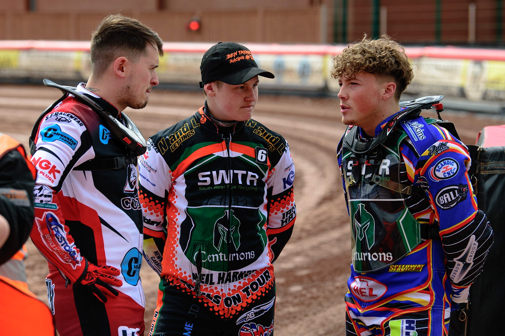 MANCHESTER, UK. APR 15TH  (l-r) Jack Smith , Ben Trigger  and Henry Atkins  chat before the meeting  during the National Development League match between Belle Vue Colts and Plymouth Centurions at the National Speedway Stadium, Manchester on Friday 15th April 2022. (Credit: Ian Charles | MI News)