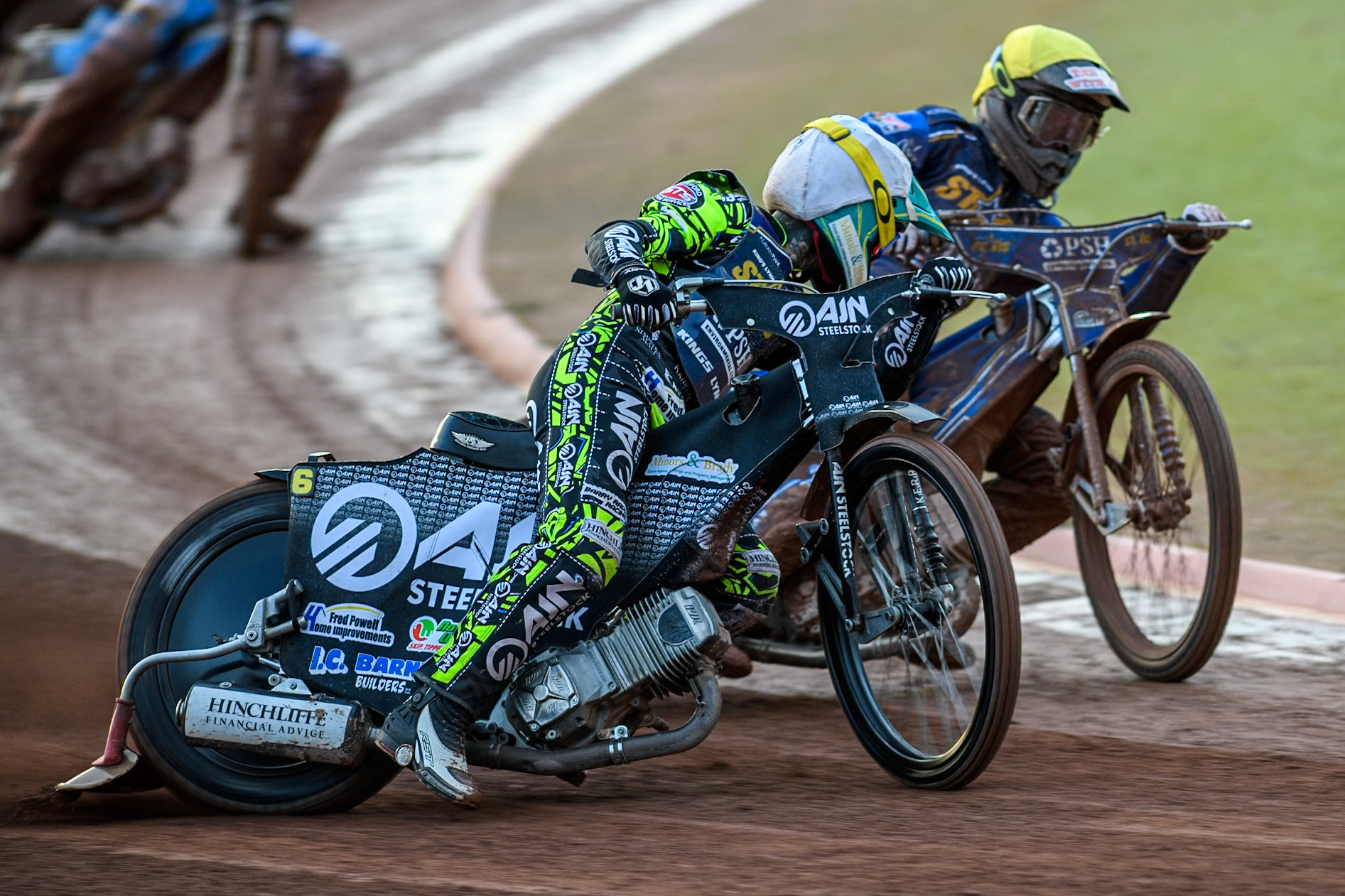 Kings Lynn Stars' Lewis Kerr  in White rides outside team mate Anders Rowe in Yellow during the Rowe Motor Oil Premiership match between Belle Vue Aces and King's Lynn Stars at the National Speedway Stadium, Manchester on Monday 12th August 2024. (Photo: Ian Charles | MI News)