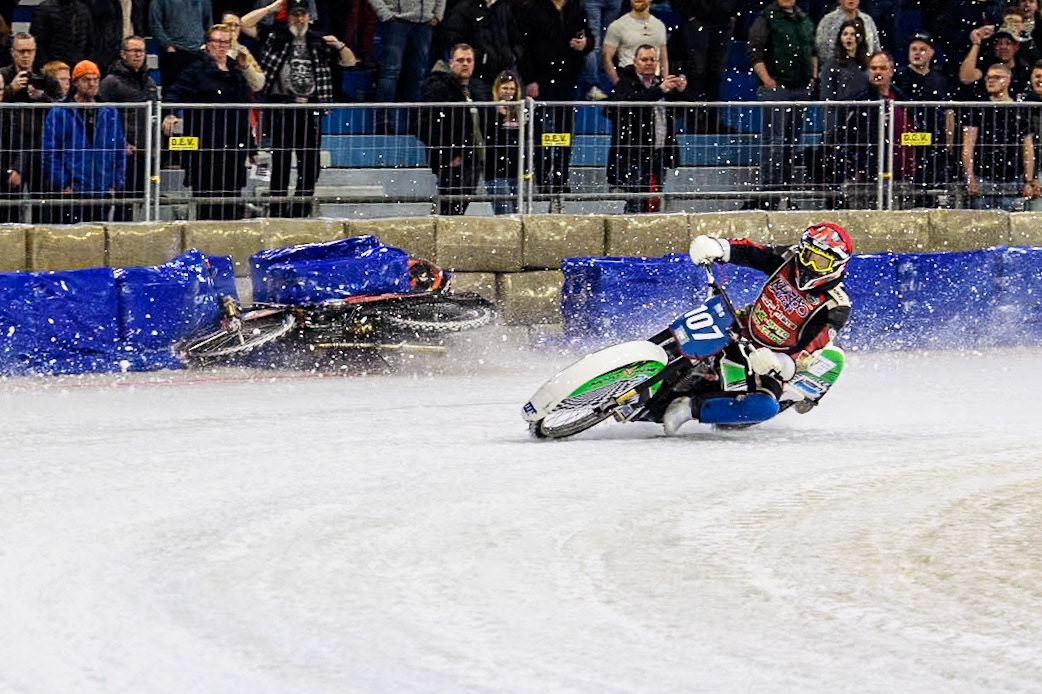 Reserve  Sweden's Filip Jäger (17) slides off into the bales during the FIM Ice Speedway Gladiators World Championship Final 3 at Ice Rink Thialf, Heerenveen on Saturday 6th April 2024. (Photo: Ian Charles | MI News)