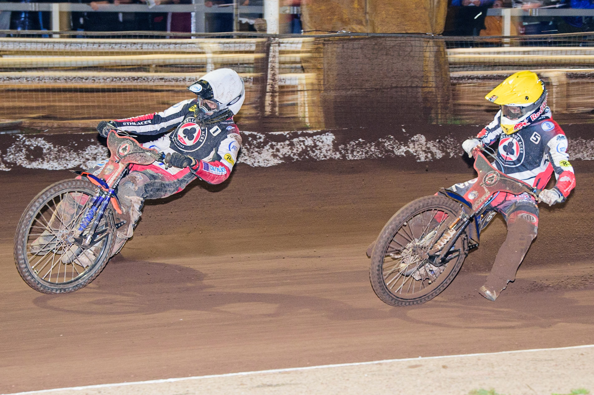 Brady Kurtz  (White) leads team mate Robert Lambert (Yellow) during the SGB Premiership Grand Final 2nd Leg between Sheffield Tigers and Belle Vue Aces at Owlerton Stadium, Sheffield on Thursday 13th October 2022. (Credit: Ian Charles | MI News)