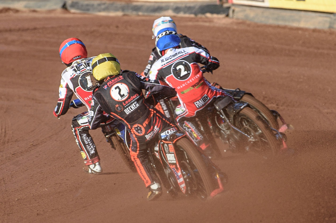 MANCHESTER, UK. JULY 15TH   Luke Becker  (Yellow) chases Brady Kurtz  (Red) and Richie Worrall  (Blue) during the SGB Premiership match between Belle Vue Aces and Wolverhampton Wolves at the National Speedway Stadium, Manchester on Thursday 15th July 2021. (Credit: Ian Charles | MI News)