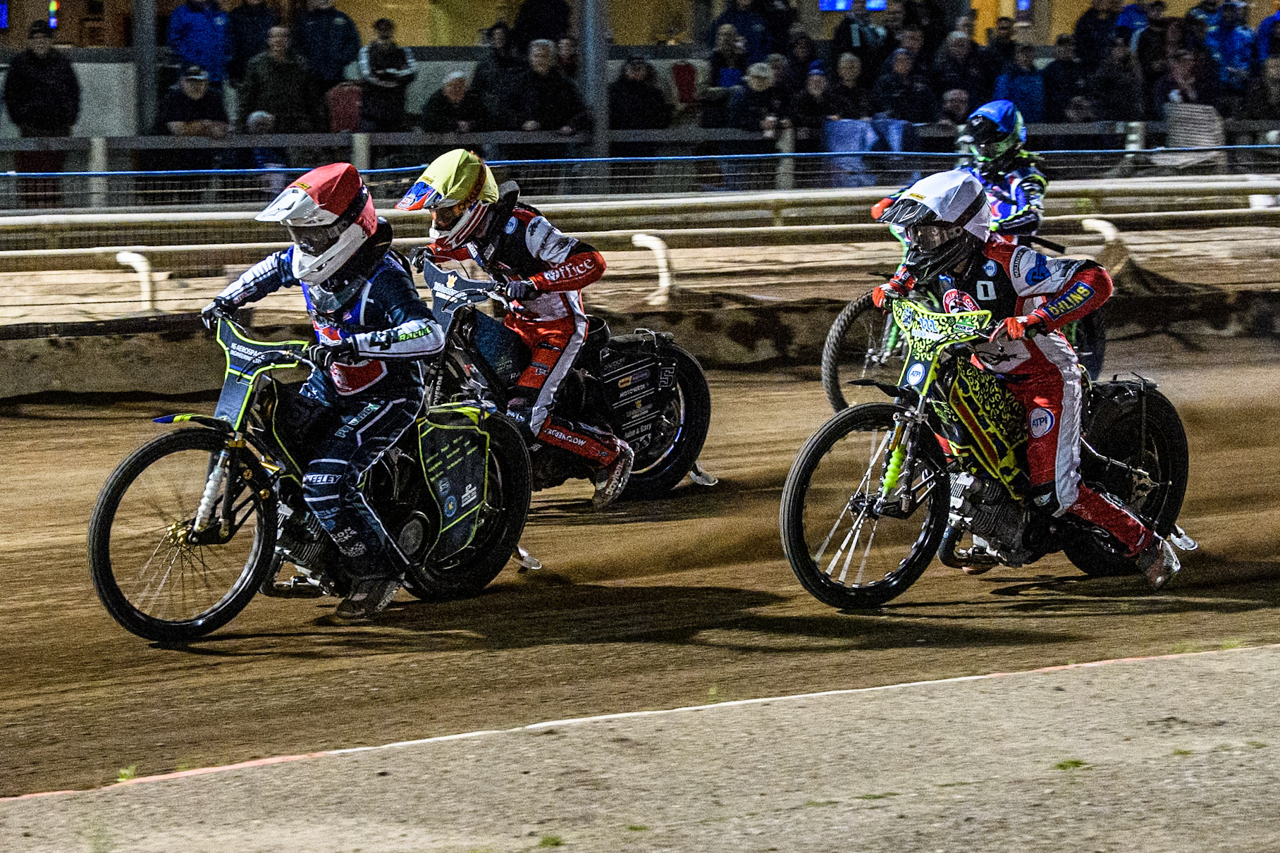 Steelers' Nathan Ablitt in Red leading Belle Vue Colts' William Cairns in White, Belle Vue Colts' Freddy Hodder in Yellow and Steelers' Luke Harrison in Blue during the WSRA National Development League match between Steelers and Belle Vue Colts at Owlerton Stadium, Sheffield on Monday 5th May 2025. (Photo: Ian Charles | MI News)