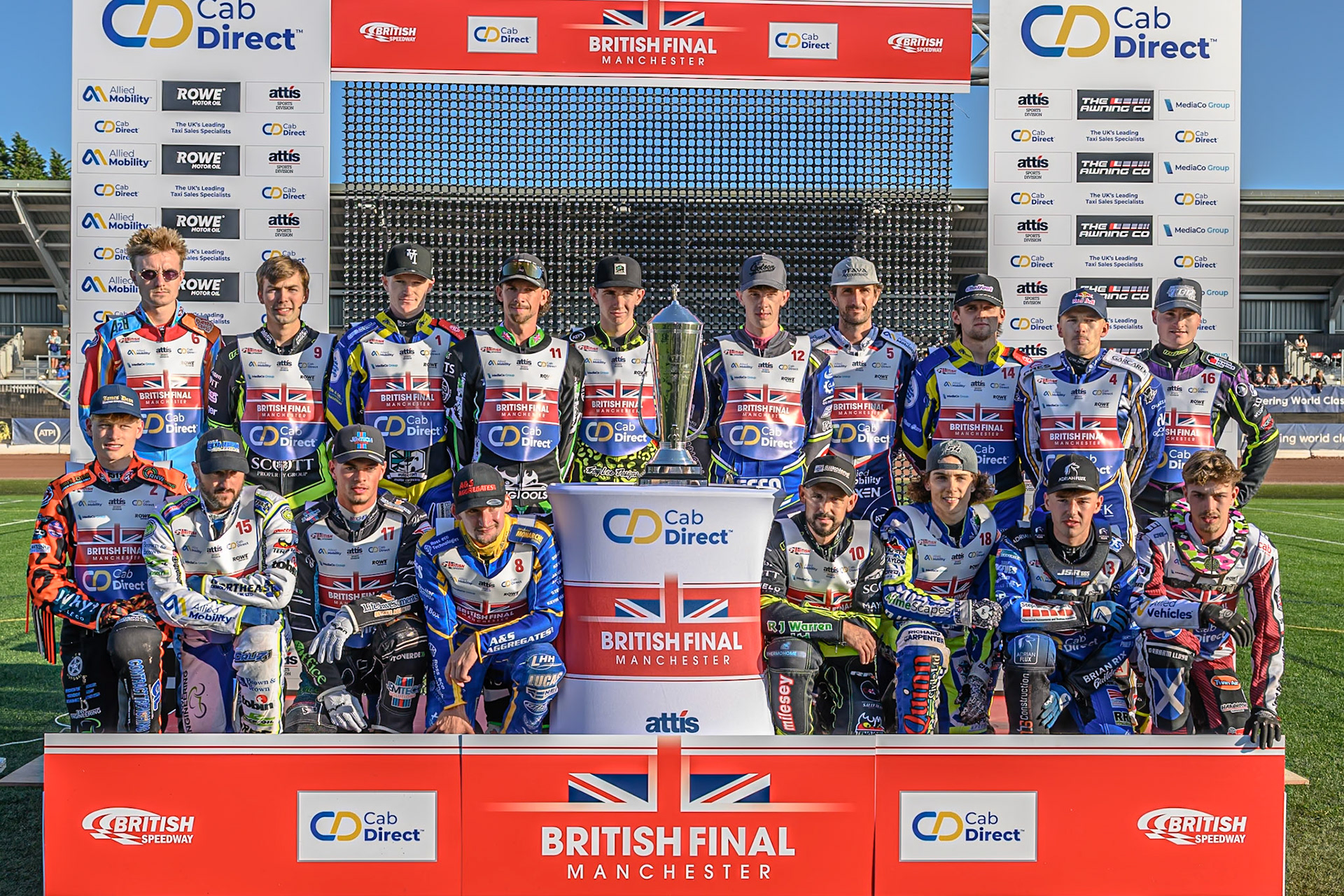 The Riders line up before the meeting during the Cab Direct British Speedway Championship Final at the National Speedway Stadium, Manchester on Saturday 15th August 2026. (Photo: Ian Charles | MI News)