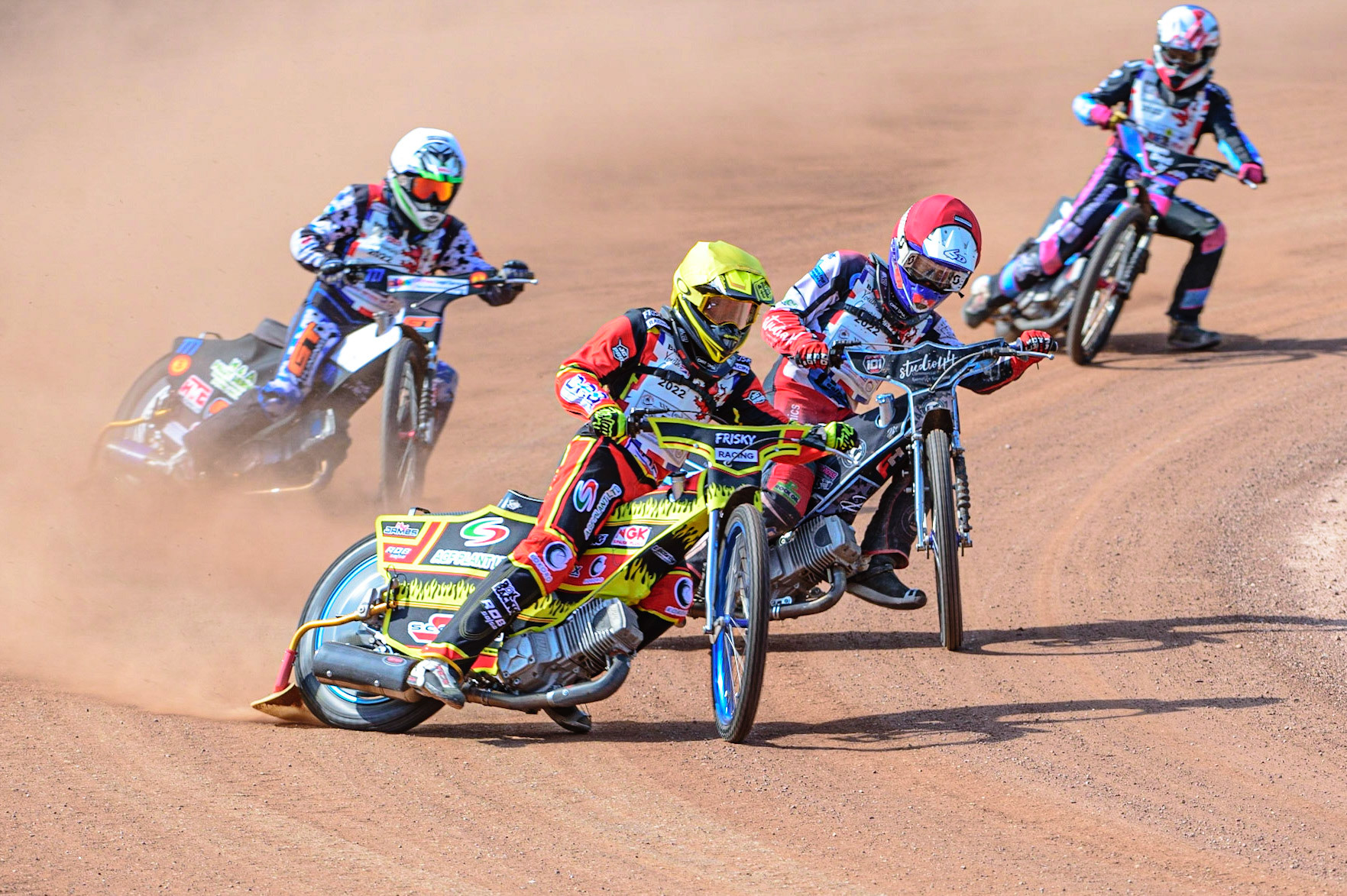 MANCHESTER, UK. JUN 3RD Max James (54) (Yellow) leads Freddy Hodder (44)  (Red) Billy Budd (777) (White) and Owen Booth (72) (Blue) during the British Youth Speedway Championship (Round 4)  at the National Speedway Stadium, Manchester on Friday 3rd June 2022. (Credit: Ian Charles | MI News)
