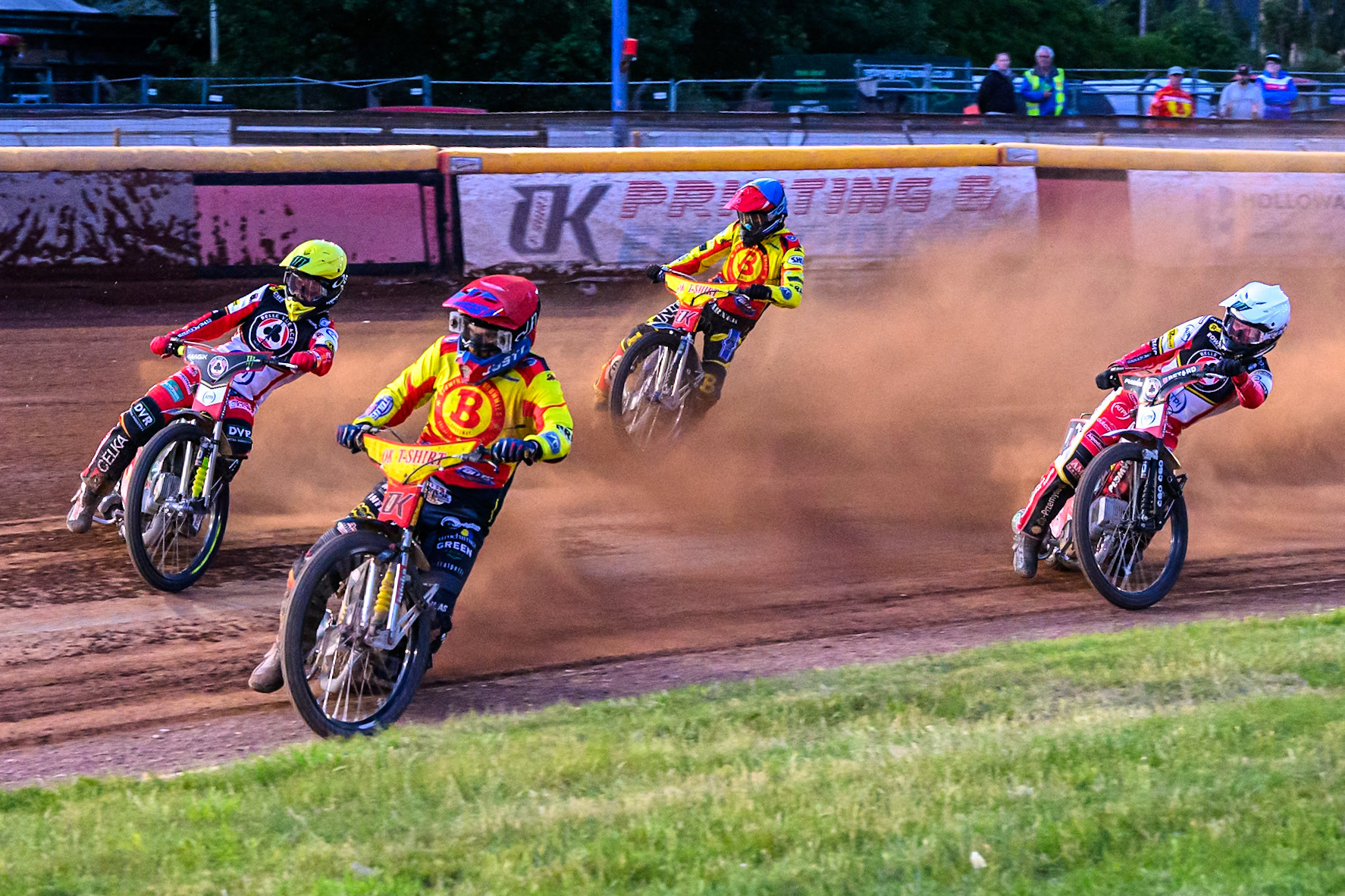Birmingham Brummies' Paco Castagna in Red leading Belle Vue Aces' Jaimon Lidsey in Yellow, Belle Vue Aces' Dan Bewley in White and Birmingham Brummies' Matej Zagar in Blue during the Rowe Motor Oil Premiership match between Birmingham Brummies and Belle Vue Aces at Perry Bar Stadium, Birmingham on Monday 2nd June 2025. (Photo: Ian Charles | MI News)