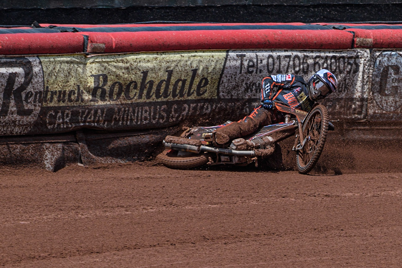 Zach Cook slides off during the Sports Insure Premiership match between Belle Vue Aces and Wolverhampton Wolves at the National Speedway Stadium, Manchester on Monday 29th May 2023. (Photo: Ian Charles | MI News)