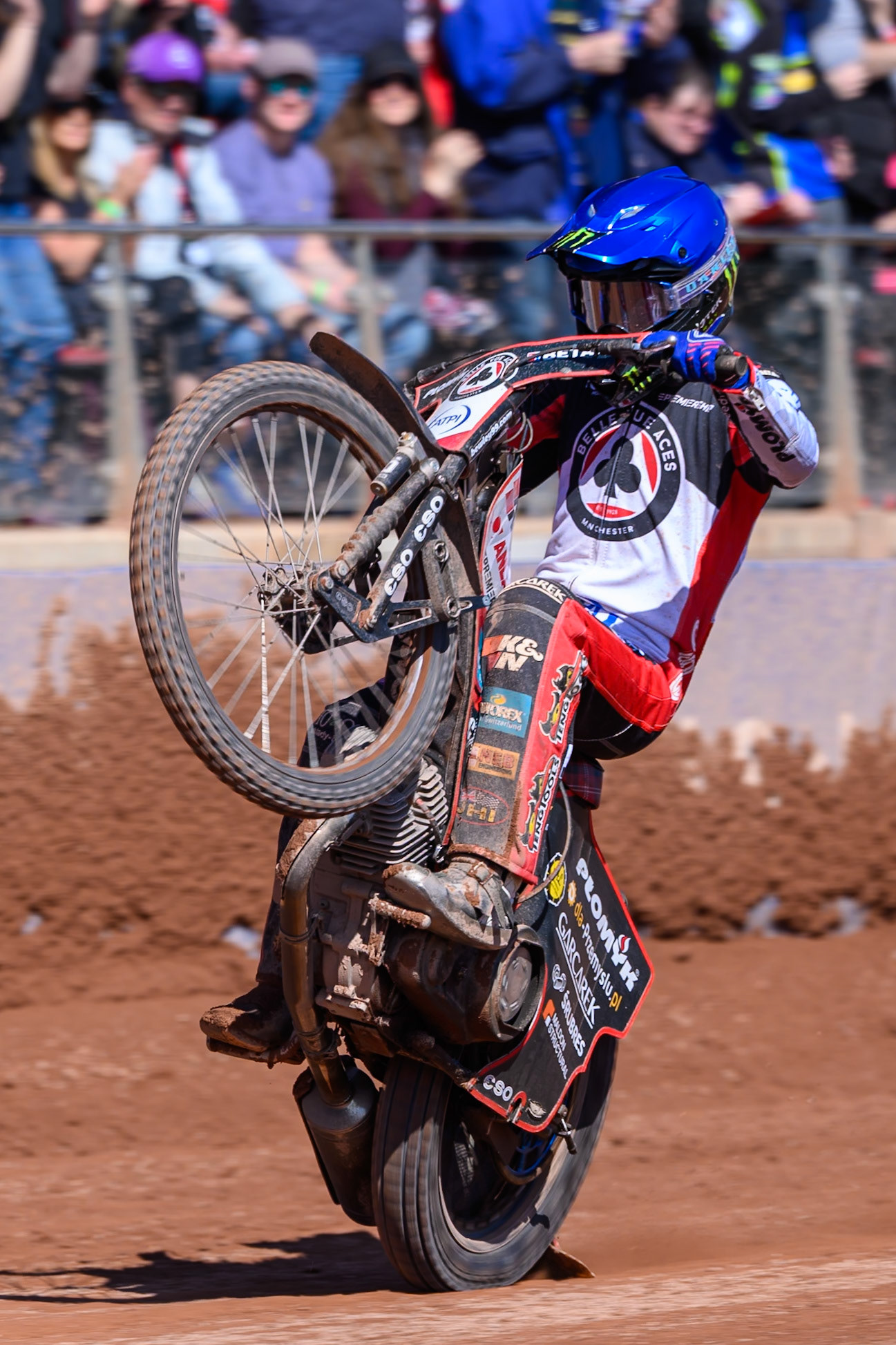 Dan Bewley  of Belle Vue Aces  does a wheelie during the Knockout Cup Northern Section match between Belle Vue Aces and Leicester Lions at the National Speedway Stadium, Manchester on Monday 6th April 2026. (Photo: Ian Charles | MI News)