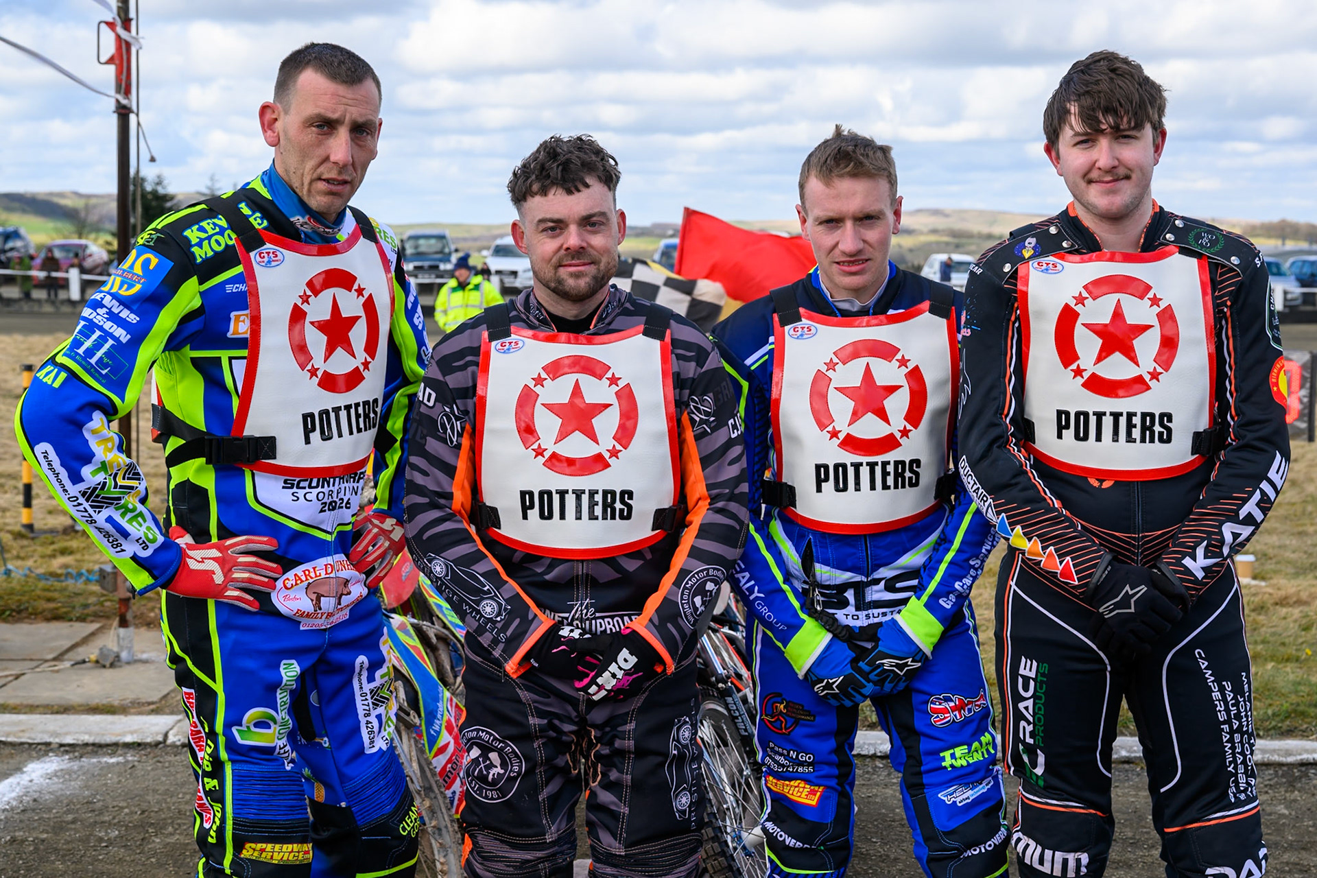 The Potters: (L to R) Simon Lambert, Jack Roberts, Arran Butcher, Harrison Rogers during the Regina Chains Fours at Buxton Speedway, Buxton on Sunday 5th April 2026. (Photo: Ian Charles | MI News)