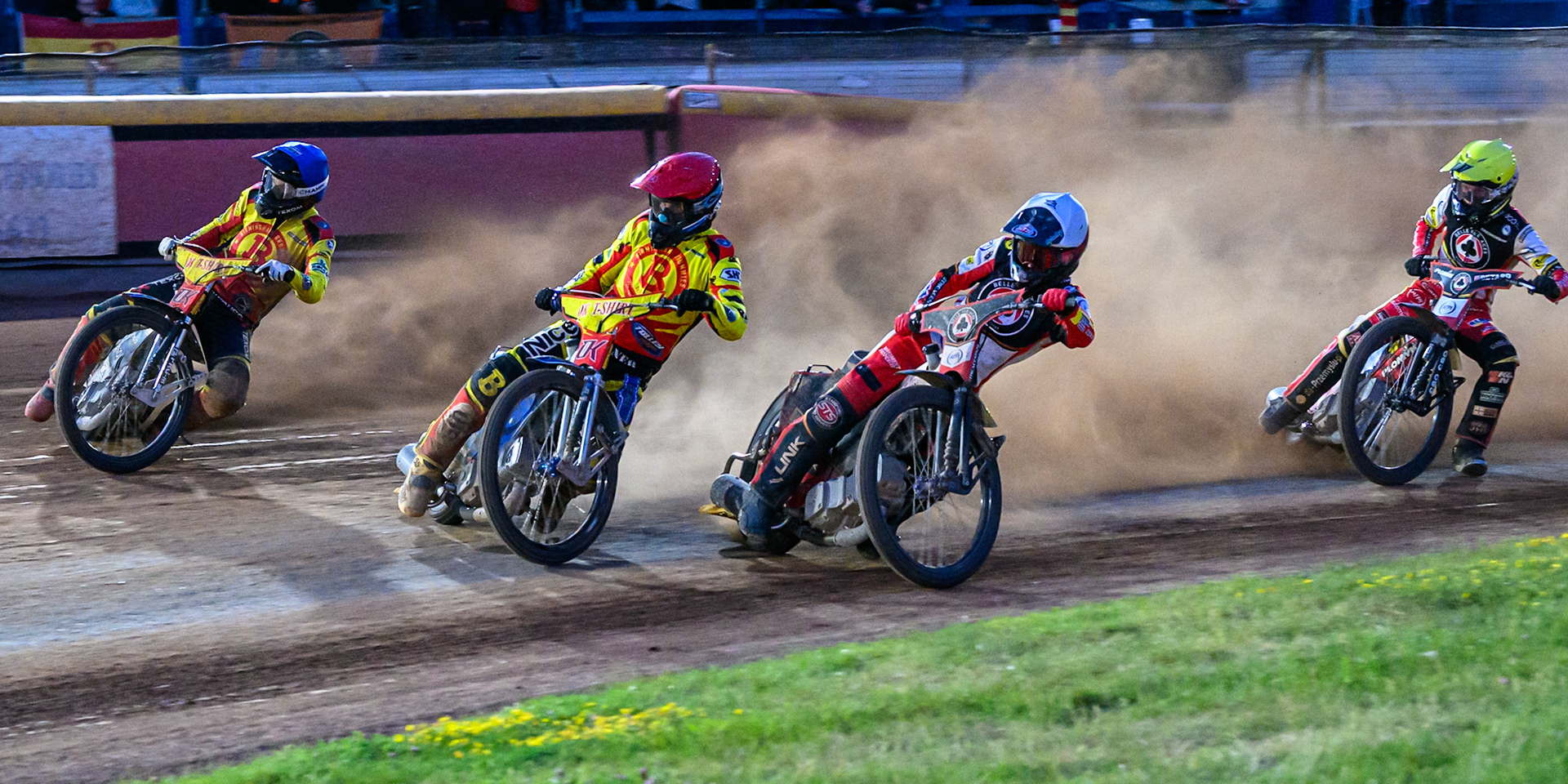 Birmingham Brummies' Matej Zagar in Red leading Birmingham Brummies' Tobiasz Musielak in Blue, Belle Vue Aces' Zach Cook in White and Belle Vue Aces' Dan Bewley in Yellow during the Rowe Motor Oil Premiership match between Birmingham Brummies and Belle Vue Aces at Perry Bar Stadium, Birmingham on Monday 2nd June 2025. (Photo: Ian Charles | MI News)