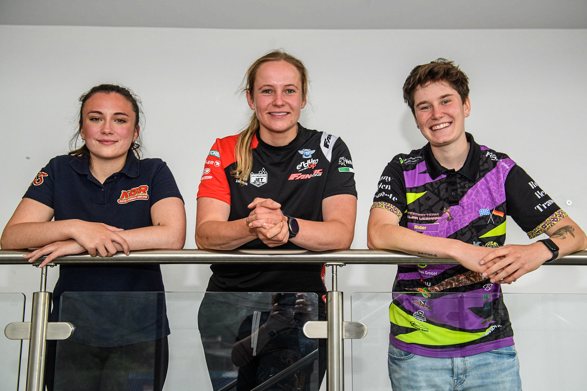 (l - r) Katie Gordon, Jane Daniels and Celina Liebmann during the FIM Flat Track World Championship &amp; FIM Women's Speedway Academy Launch at the National Speedway Stadium, Manchester on Monday 3rd July 2023. (Photo: Ian Charles | MI News)