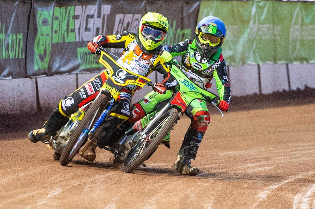 Photo: Ian CharlesLuke Harrison (Blue) and Max James (Yellow) tangle on the back straight (250cc Class)British Youth Speedway Championship (Round 5), National Speedway Stadium, Manchester Saturday  10  October  2020