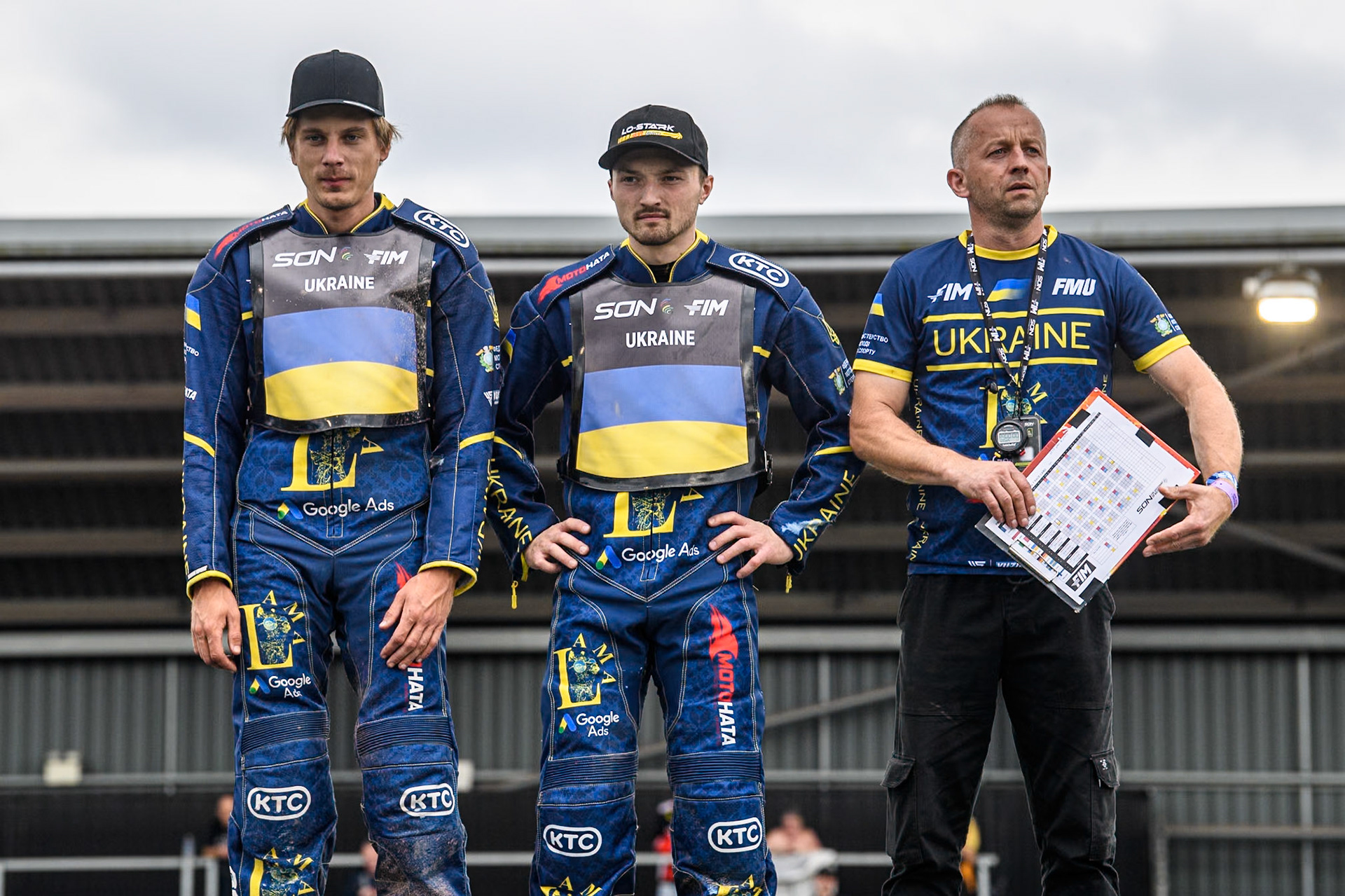 Ukraine: (L to R) Stanislav Melnychuk, Marko Levishyn and Team manager, Stanislaw Burza during the Monster Energy FIM Speedway of Nations Semi-Final 1 at the National Speedway Stadium, Manchester on Tuesday 9th July 2024. (Photo: Ian Charles | MI News)