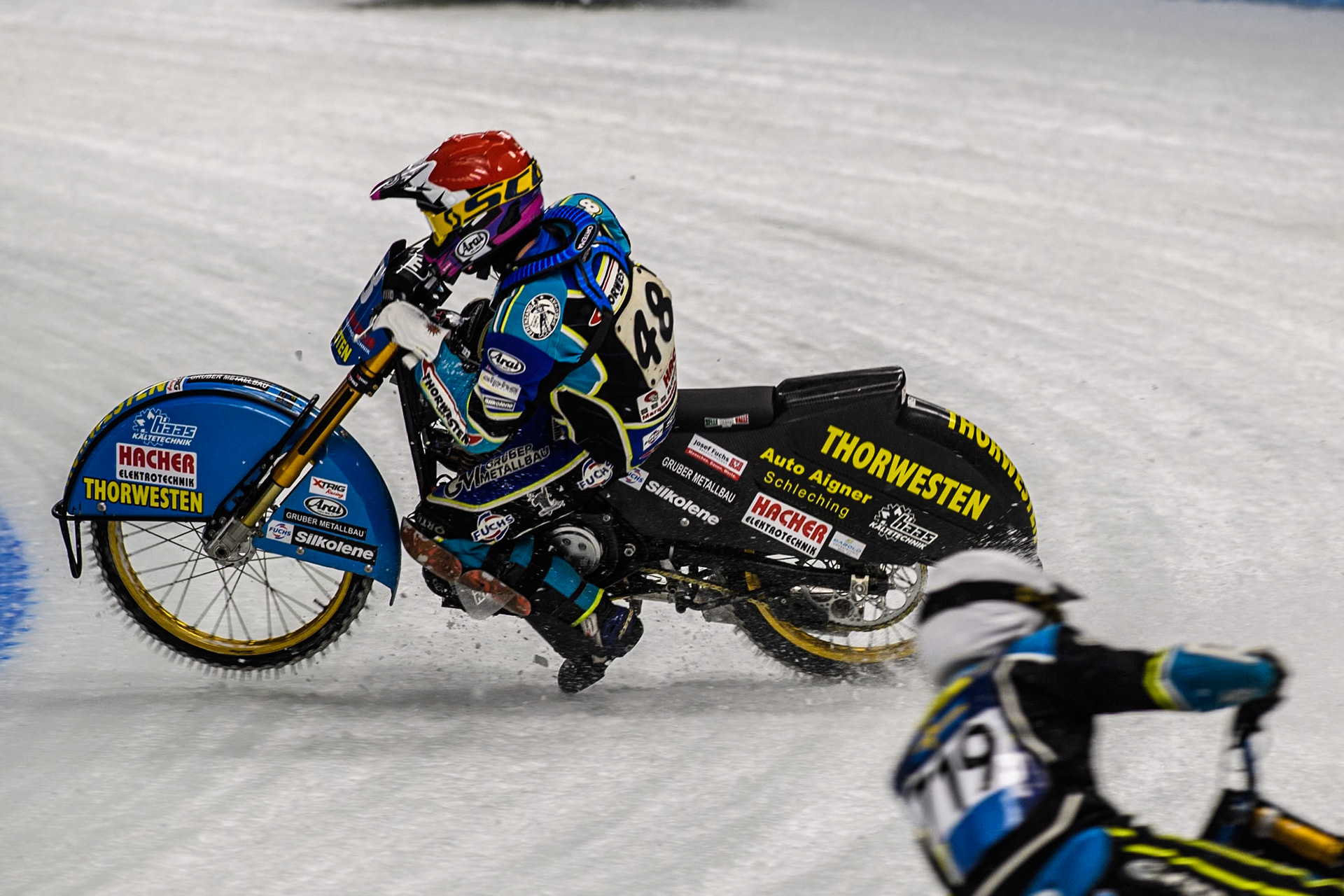 Luca Bauer (48) of Germany spins and leaves the track during the Ice Speedway Gladiators World Championship Final 1 at Max-Aicher-Arena, Inzell on Saturday 15th March 2025. (Photo: Ian Charles | MI News)