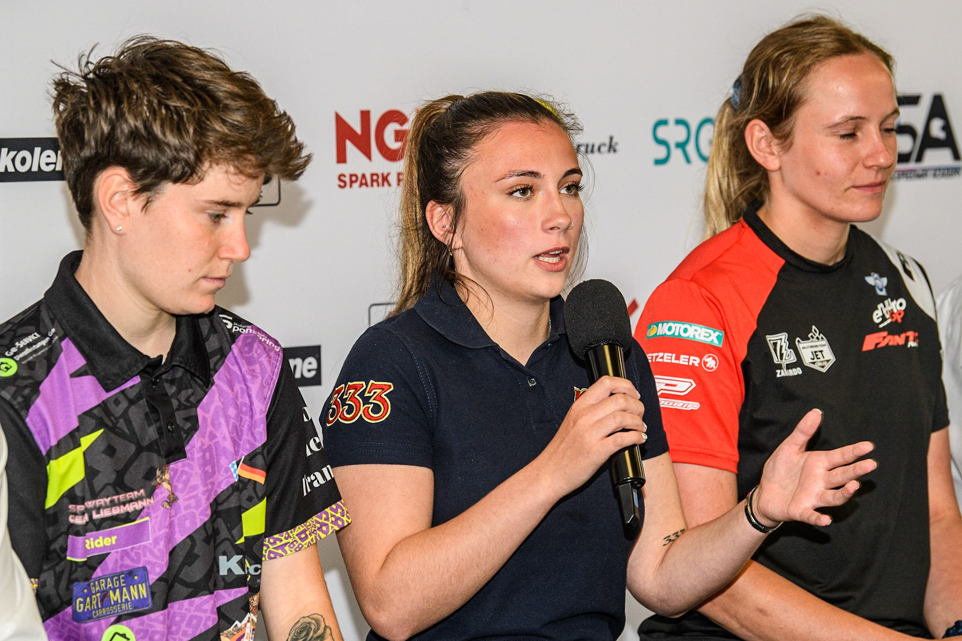 (l - r) Celina Liebmann, Katie Gordon Jane Daniels during the FIM Flat Track World Championship &amp; FIM Women's Speedway Academy Launch at the National Speedway Stadium, Manchester on Monday 3rd July 2023. (Photo: Ian Charles | MI News)