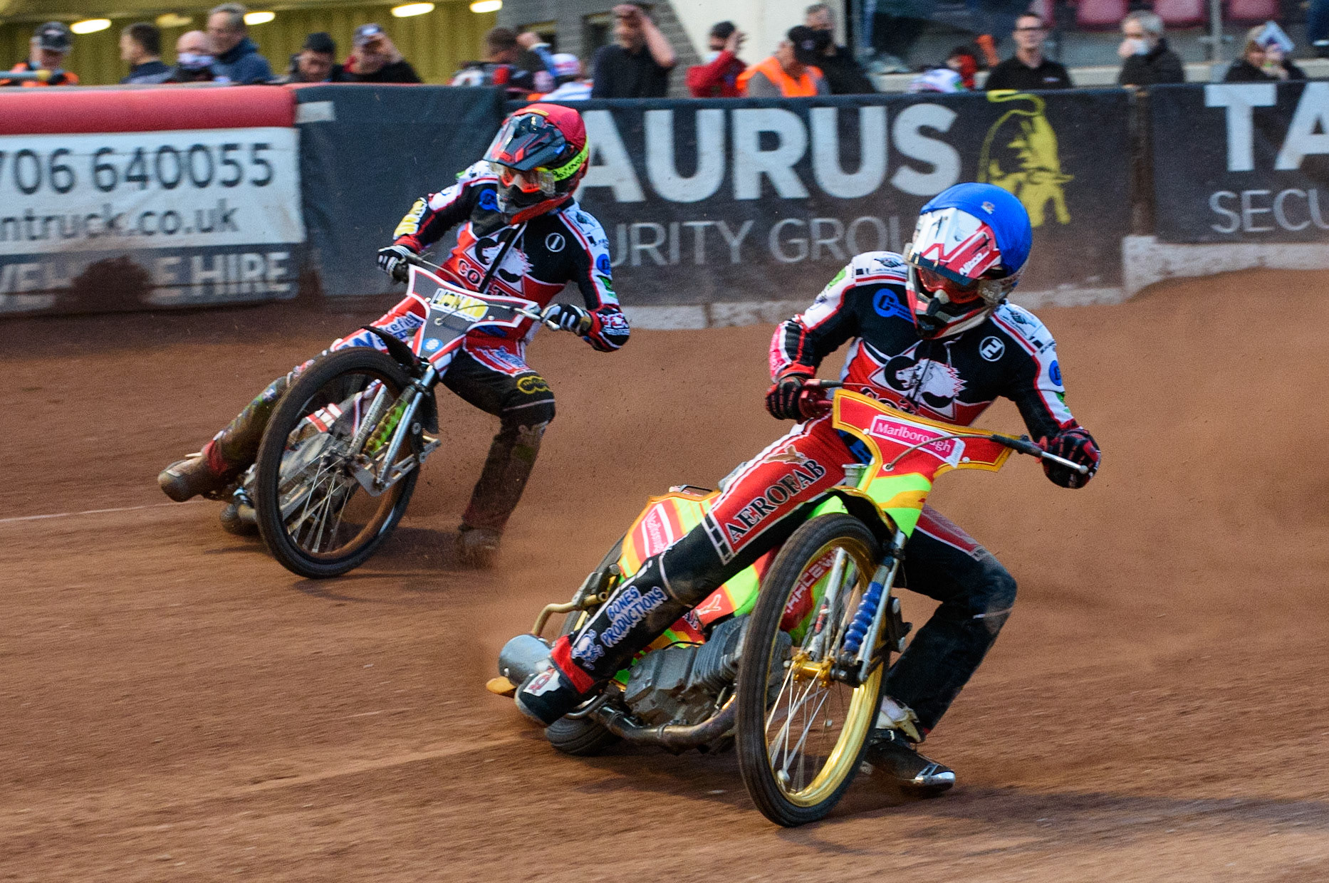 MANCHESTER, UK. MAY 28TH  Ben Woodhull  (Blue) leads team mate Jack Parkinson-Blackburn  (Red) during the SGB National Development League match between Belle Vue Colts and Berwick Bullets at the National Speedway Stadium, Manchester on Friday 28th May 2021. (Credit: Ian Charles | MI News)