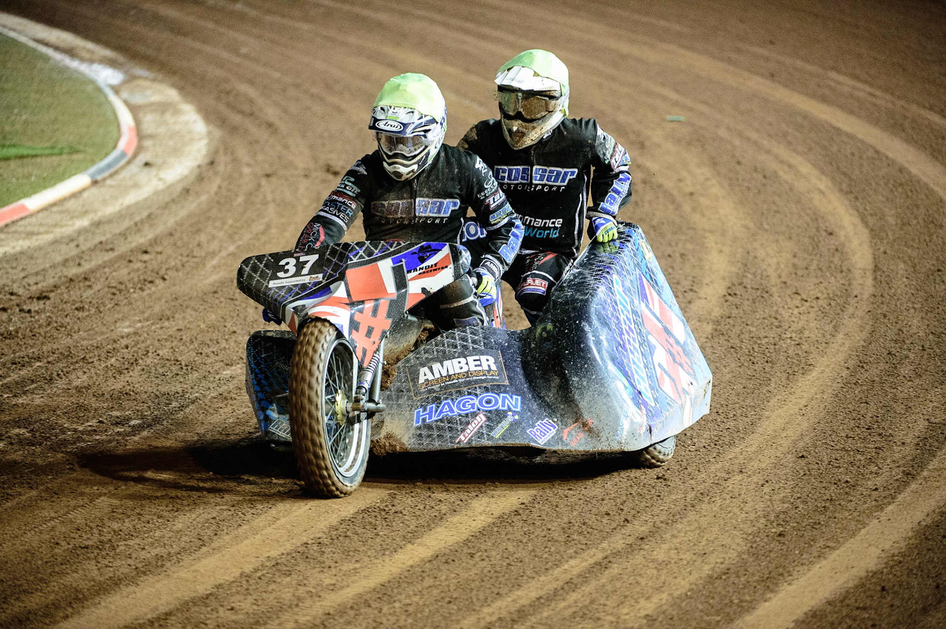 MANCHESTER, UK. OCT 30TH   Mark Cossar &amp; Gareth Williams  after their second heat during the Manchester Masters Sidecar Speedway and Flat Track Racing at the National Speedway Stadium, Manchester on Saturday 30th October 2021. (Credit: Ian Charles | MI News)