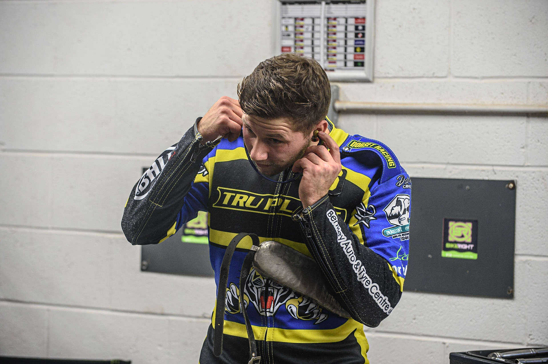 MANCHESTER, UK. OCT 7TH  Connor Mountain  prepares for the meeting during the SGB Premiership Play off Semi-Final Second Leg between Belle Vue Aces and Sheffield Tigers at the National Speedway Stadium, Manchester on Thursday 7th October 2021. (Credit: Ian Charles | MI News)