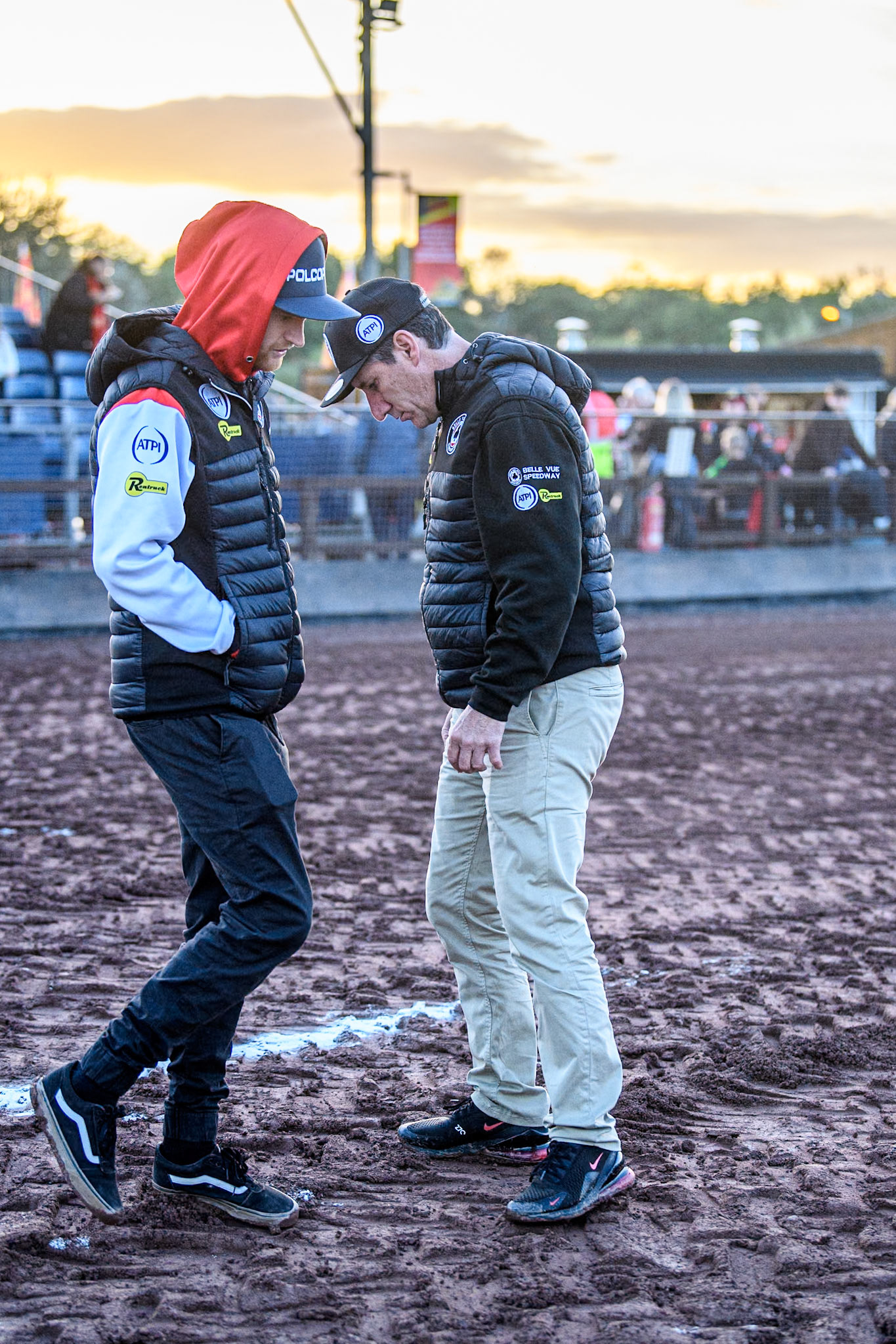 Belle Vue Aces' Brady Kurtz (Left) and Belle Vue Aces' Team Manager Mark Lemon check the starting gates during the Rowe Motor Oil Premiership Grand Final 2nd Leg between Leicester Lions and Belle Vue Aces at the Pidcock Motorcycles Arena, Leicester on Thursday 26th September 2024. (Photo: Ian Charles | MI News)