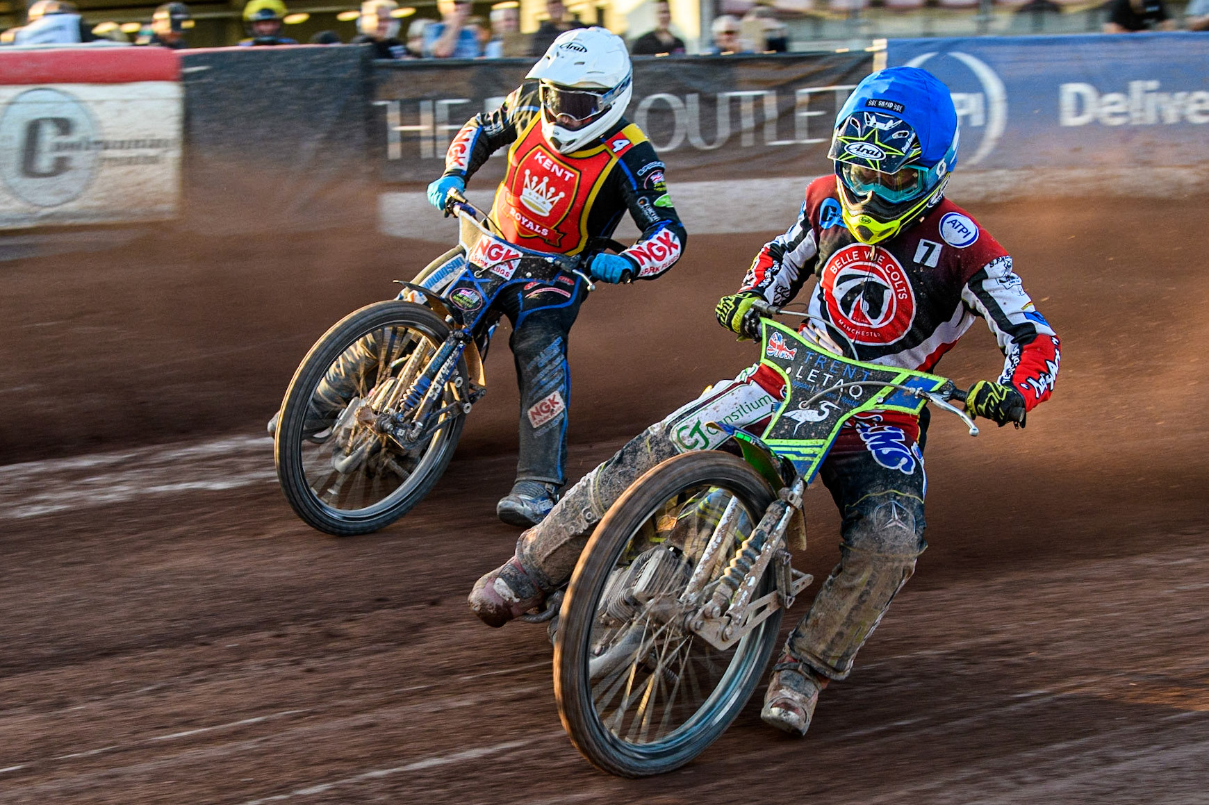 Luke Muff (Blue) inside Tom Woolley (White) during the National Development League match between Belle Vue Colts and Kent Royals at the National Speedway Stadium, Manchester on Friday 7th July 2023. (Photo: Ian Charles | MI News)