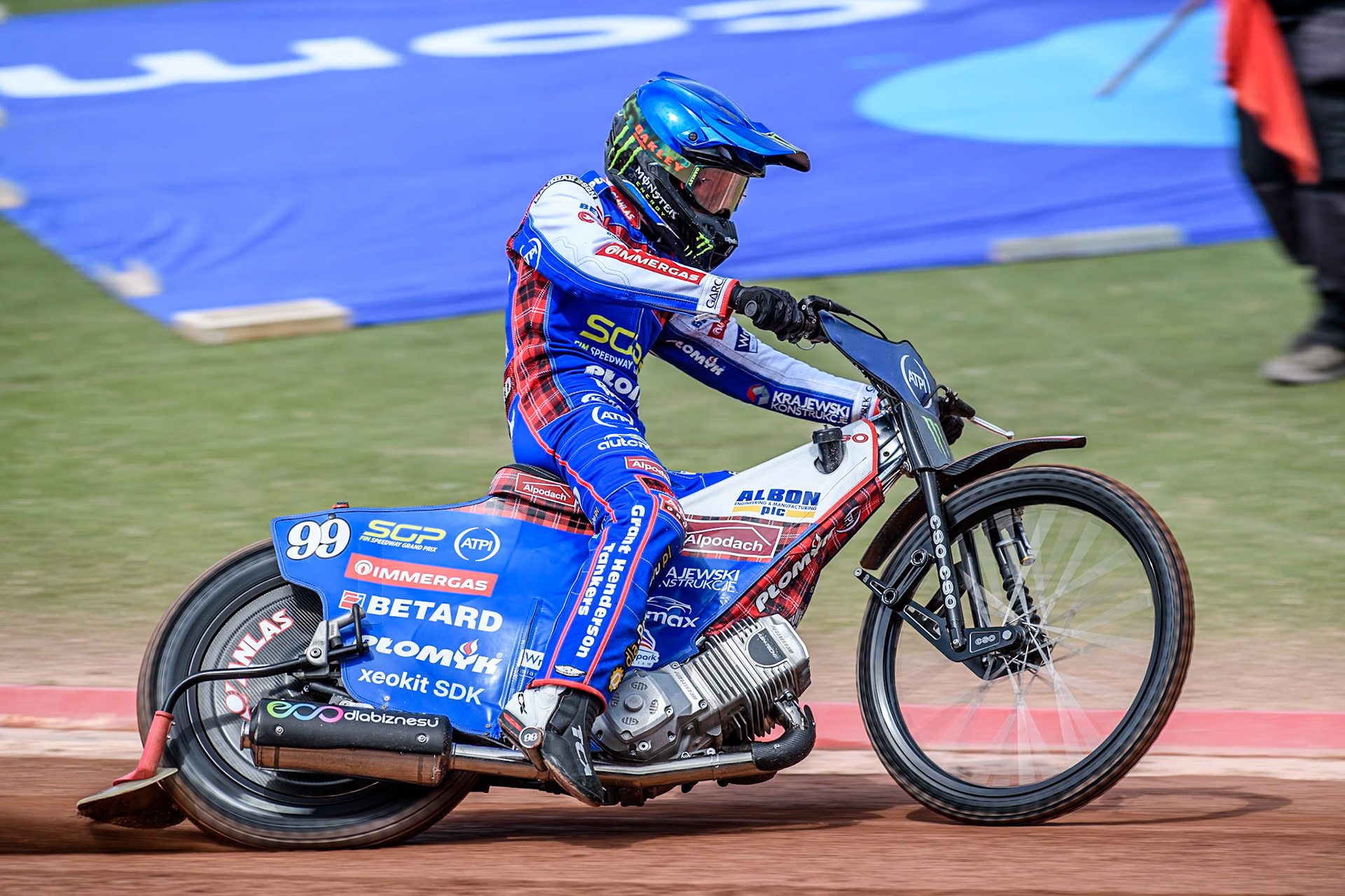 Dan Bewley (99) of Great Britain in practice during the ATPI FIM Speedway Grand Prix Round 4 at the National Speedway Stadium, Manchester, on Friday 6th June 2025. (Photo: Ian Charles | MI News)