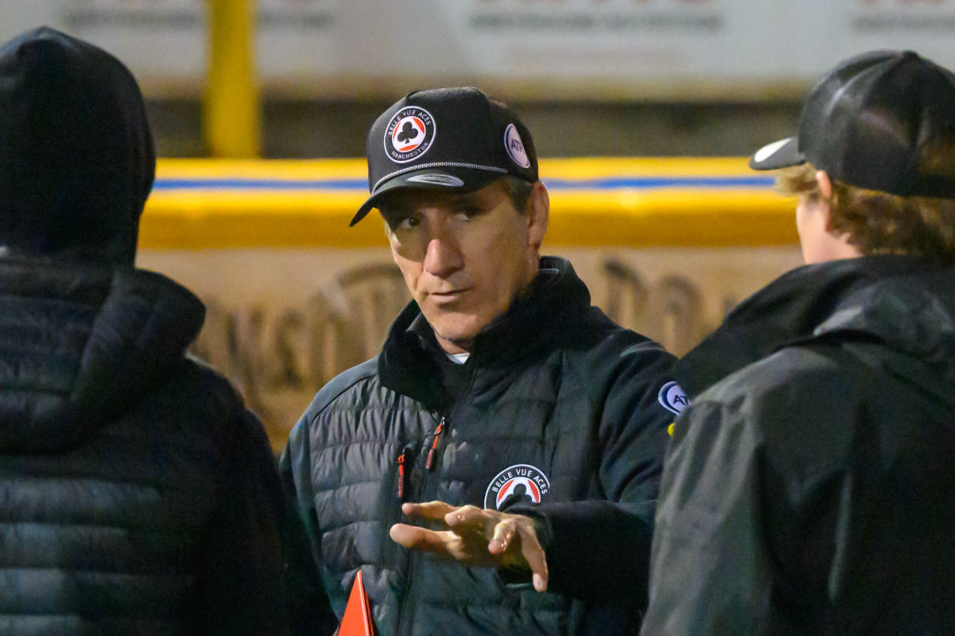 Mark Lemon, Team Manager of Belle Vue Aces gives his final instructions to the team after their track walk during the Rowe Motor Oil Premiership Grand Final 1st Leg match between Sheffield Tigers and Belle Vue Aces at Owlerton Stadium, Sheffield on Monday 12th October 2026. (Photo: Ian Charles | MI News)