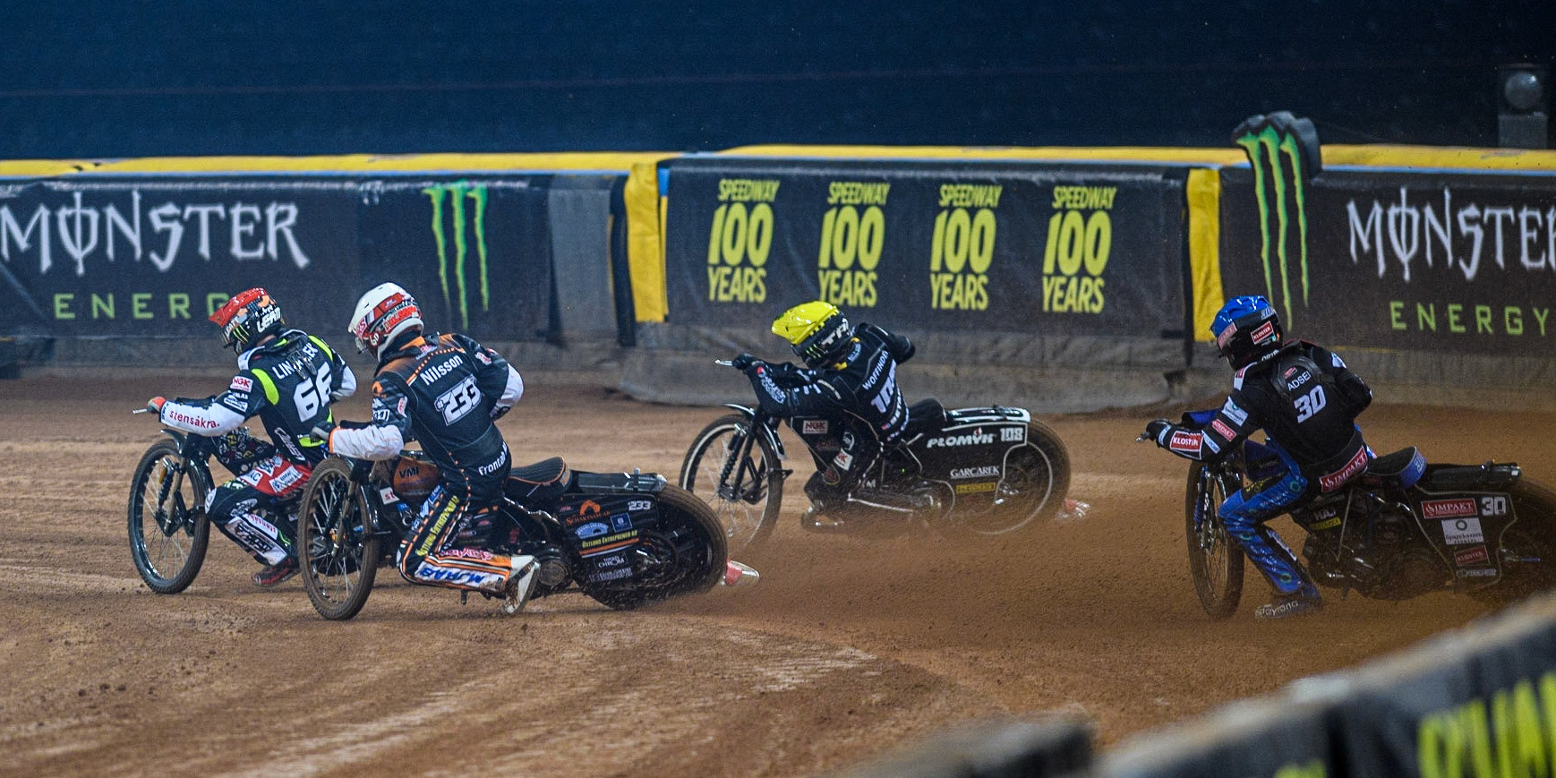Freddie Lindgren (66) (Red) leads  Kim Nilsson (233) (White), Tai Woffinden (108) (Yellow) and Leon Madsen (30) (Blue) during the FIM Speedway Grand Prix of Great Britain at the Principality Stadium, Cardiff on Saturday 2nd September 2023. (Photo: Ian Charles | MI News)
