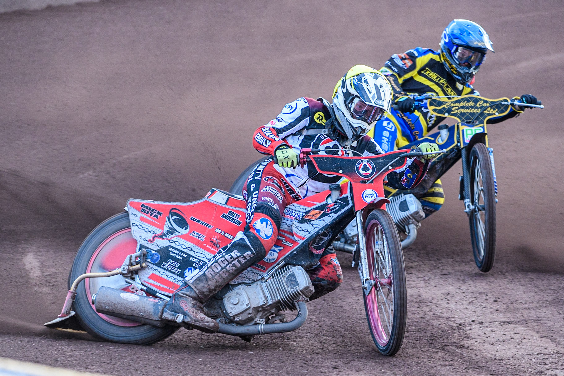 Connor Bailey (Yellow) outside Kyle Howarth (Blue) during the Sports Insure Premiership match between Sheffield Tigers and Belle Vue Aces at Owlerton Stadium, Sheffield on Thursday 20th July 2023. (Photo: Ian Charles | MI News)