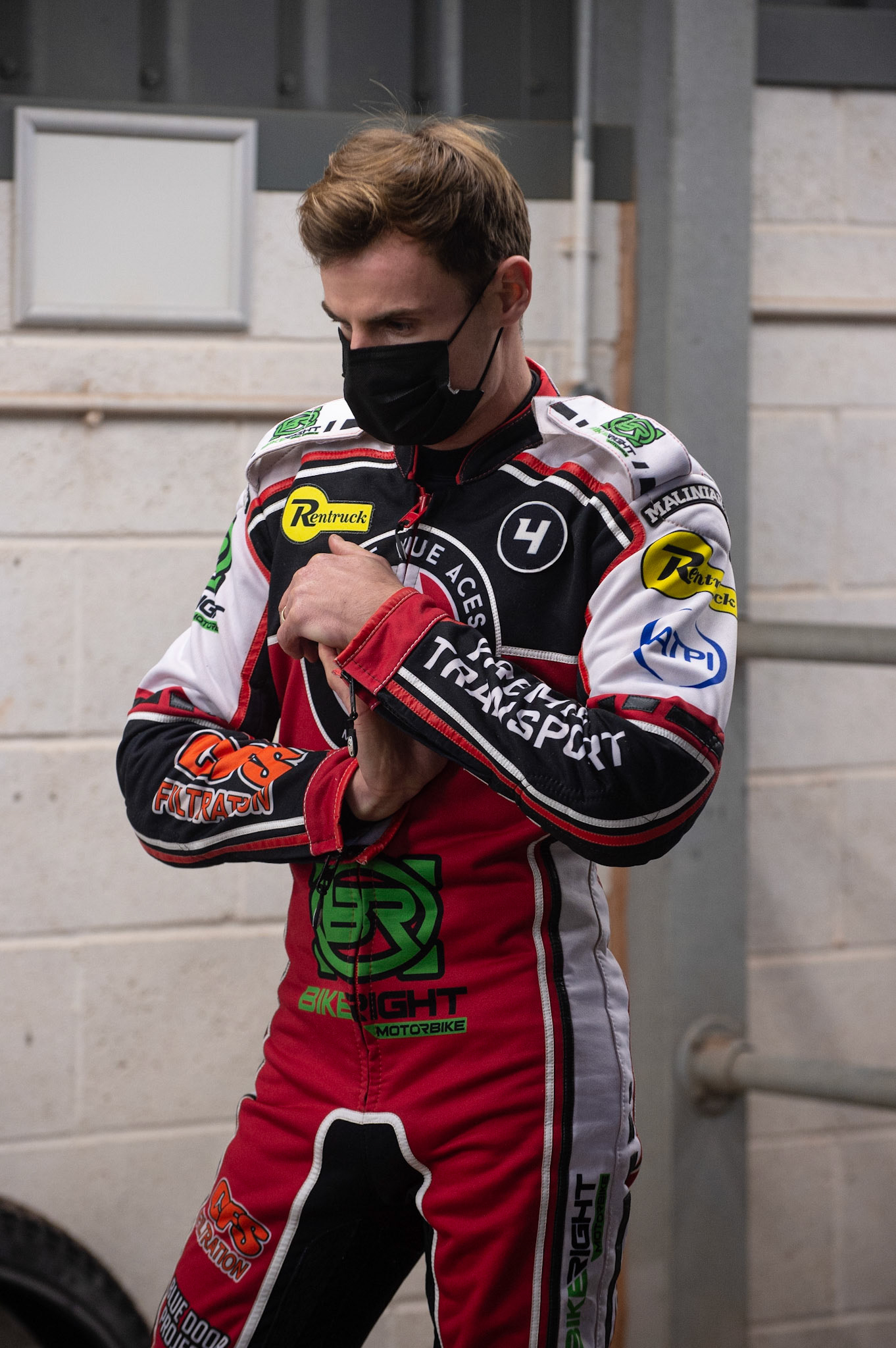 Photo: Ian CharlesSteve Worrall does some stretches before the meetingPeter Craven Memorial Trophy, National Speedway Stadium, Manchester Thursday  22  October  2020