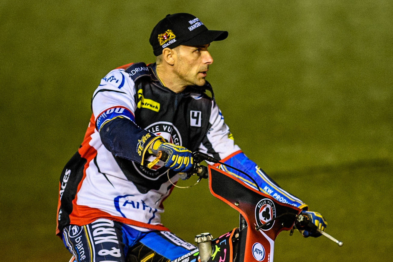 Belle Vue Aces' Guest Rider Niels. K. Iversen on the parade lap during the Rowe Motor Oil Premiership Grand Final 1st Leg between Belle Vue Aces and Leicester Lions at the National Speedway Stadium, Manchester on Monday 23rd September 2024. (Photo: Ian Charles | MI News)
