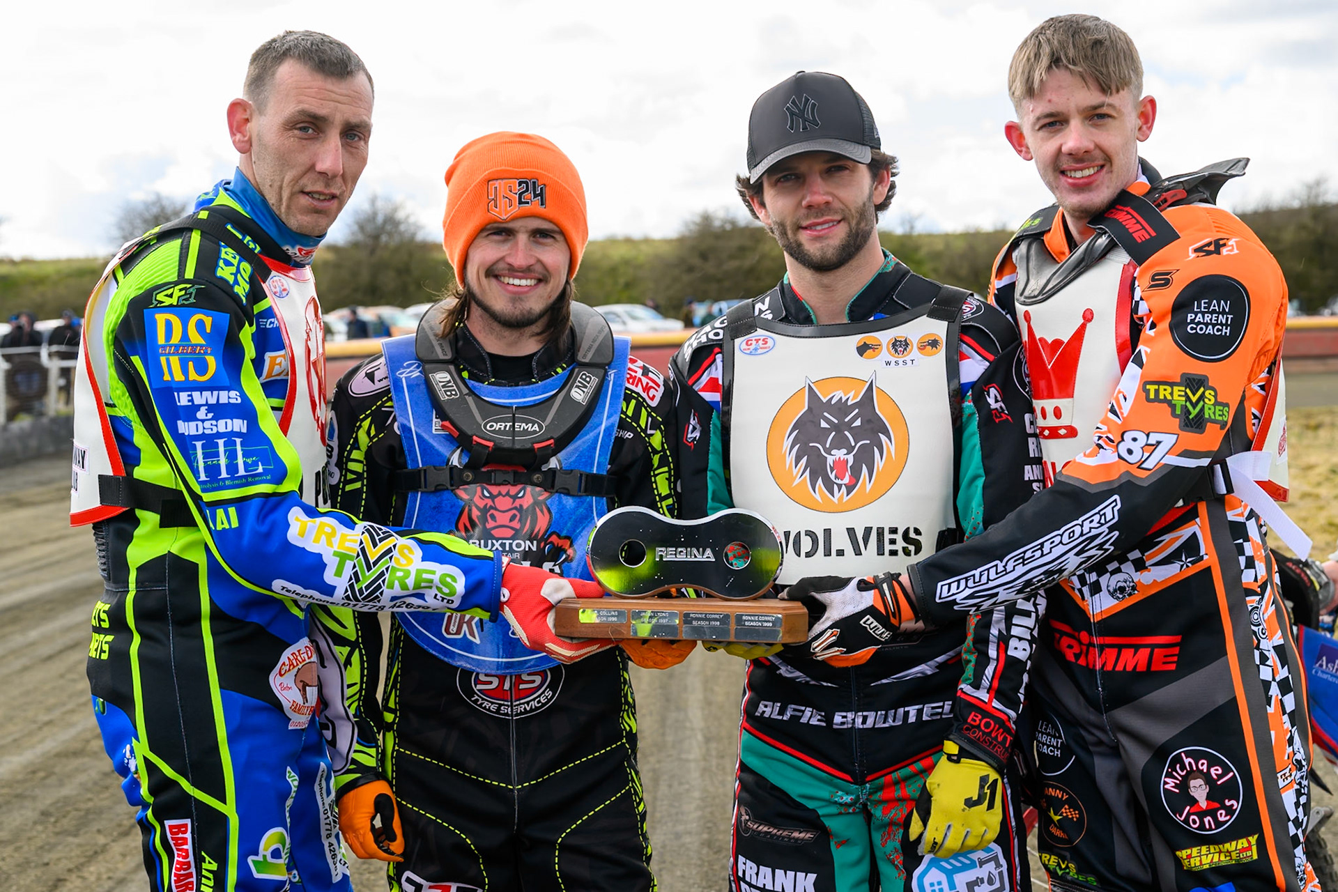 The four captains with the trophy (L to R) Simon Lambert of 'The Potters' , Jack Smith of Buxton Bulls, Alfie Bowtell of 'The Wolves' , Mickie Simpson of 'The Kings'  during the Regina Chains Fours at Buxton Speedway, Buxton on Sunday 5th April 2026. (Photo: Ian Charles | MI News)
