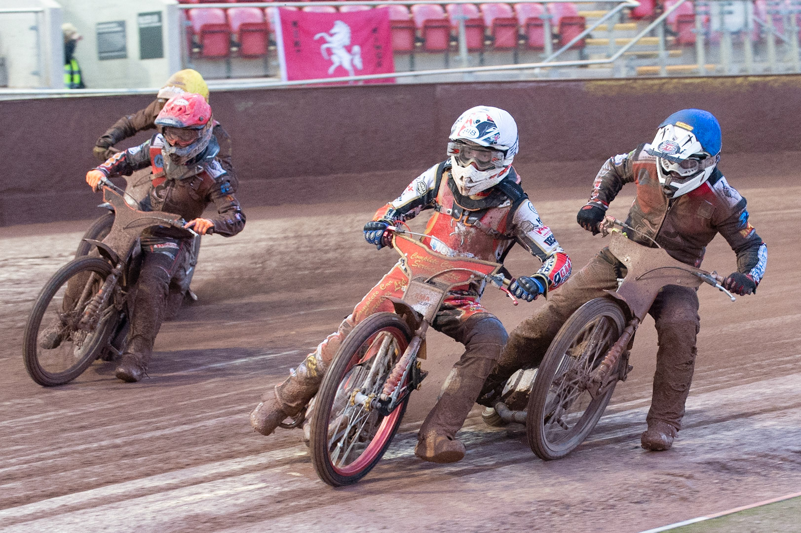 Photo: Ian Charles

Drew Kemp  (White) leads Danny Phillips  (Blue) and Jordan Palin (Red)

Belle Vue Colts v Kent Kings, SGB National League, Belle Vue National Speedway Stadium, Manchester, Thursday 1  August  2019