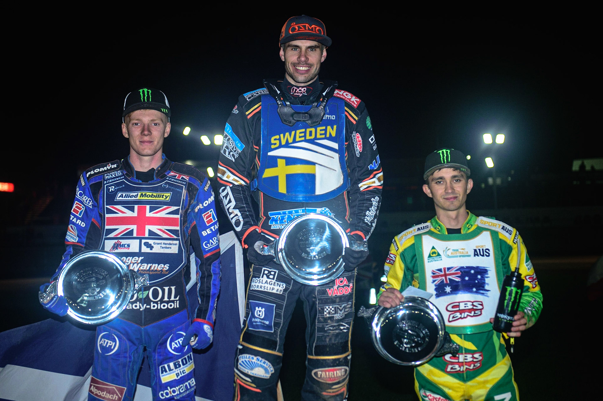 Top 3: (l - r) Dan Bewley (Great Britain) - 2nd, Kim Nilsson (Sweden) - Winner, Jack Holder (Australia) - Third during the FIM Speedway Grand Prix Challenge at the Peugeot Ashfield Stadium, Glasgow on Saturday 20th August 2022. (Credit: Ian Charles | MI News)