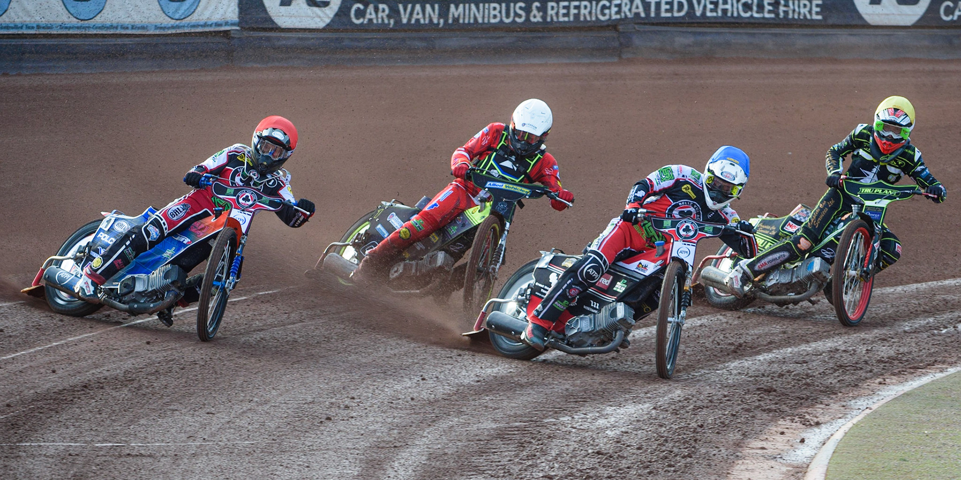 MANCHESTER, UK. JUNE 7TH    Brady Kurtz  (Red) and Richie Worrall  (Blue) lead Craig Cook  (White) and Drew Kemp  (Yellow) during the SGB Premiership match between Belle Vue Aces and Ipswich Witches at the National Speedway Stadium, Manchester on Monday 7th June 2021. (Credit: Ian Charles | MI News)