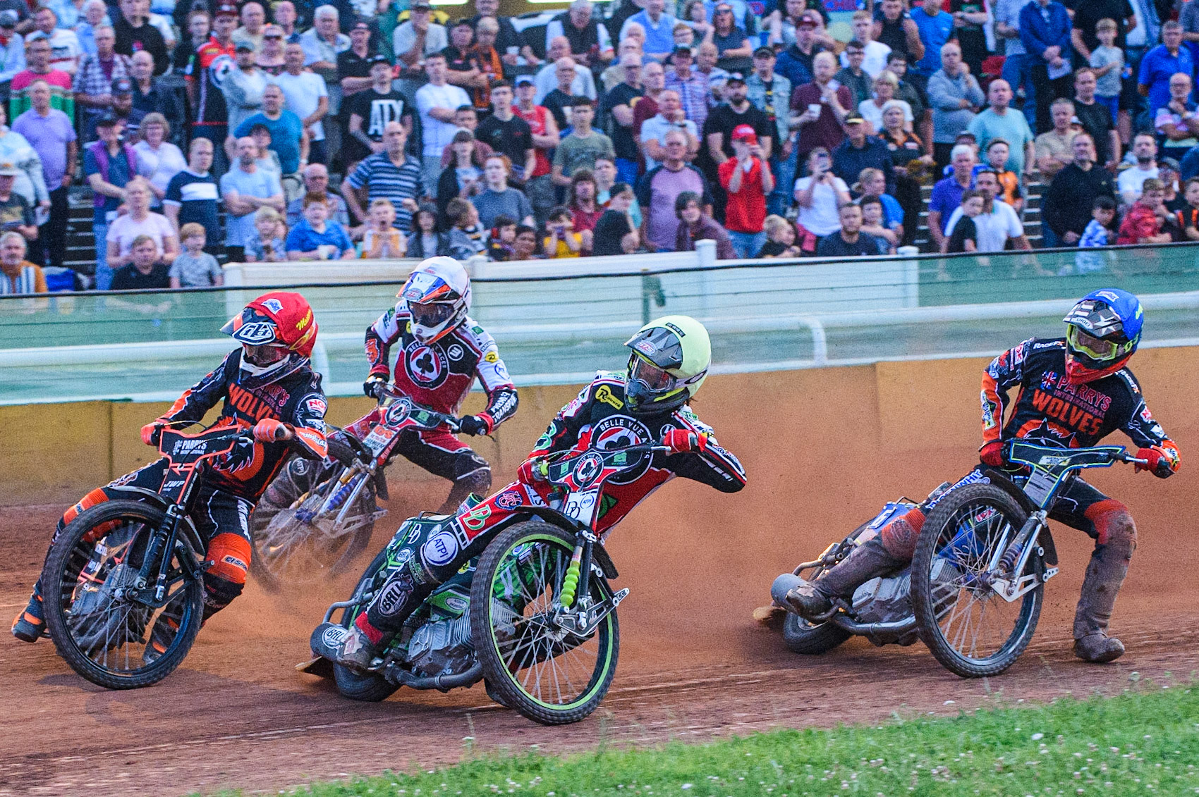 WOLVERHAMPTON, UK. JULY 26TH Brady Kurtz  (Yellow) leads Sam Masters  (Red), Ryan Douglas (Blue) and Steve Worrall  (White) during the SGB Premiership match between Wolverhampton Wolves and Belle Vue Aces at the Ladbroke Stadium, Wolverhampton on Monday 26th July 2021. (Credit: Ian Charles | MI News)