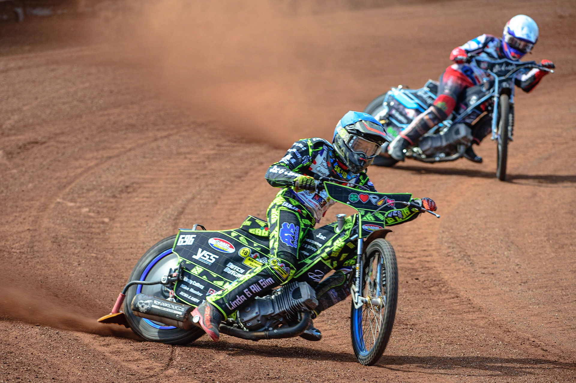 MANCHESTER, UK. JUN 3RD Ace Pijper (696) (Blue) leads Freddy Hodder (44)  (White) during the British Youth Speedway Championship (Round 4)  at the National Speedway Stadium, Manchester on Friday 3rd June 2022. (Credit: Ian Charles | MI News)
