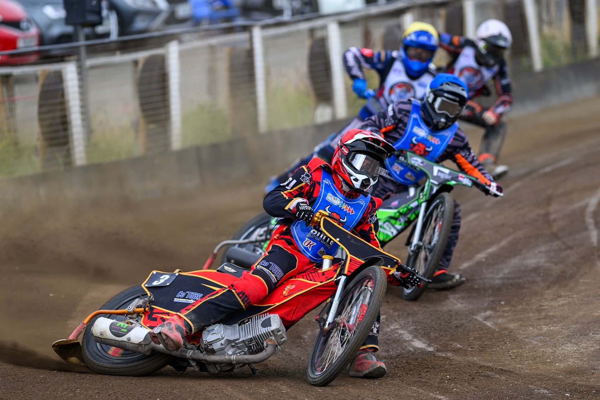 Luke Harris of Buxton Bulls in Red leading Jack Roberts of Buxton Bulls in Blue  Charlie Southwick of Middlesborough Tigers in Yellow  and Harry Sadler of Middlesborough Tigers in White during the WSRA National Development League match  between Buxton Bulls and Middlesborough Tigers at Hi-Edge Speedway, Buxton on Sunday 16th August 2026. (Photo: Ian Charles | MI News)