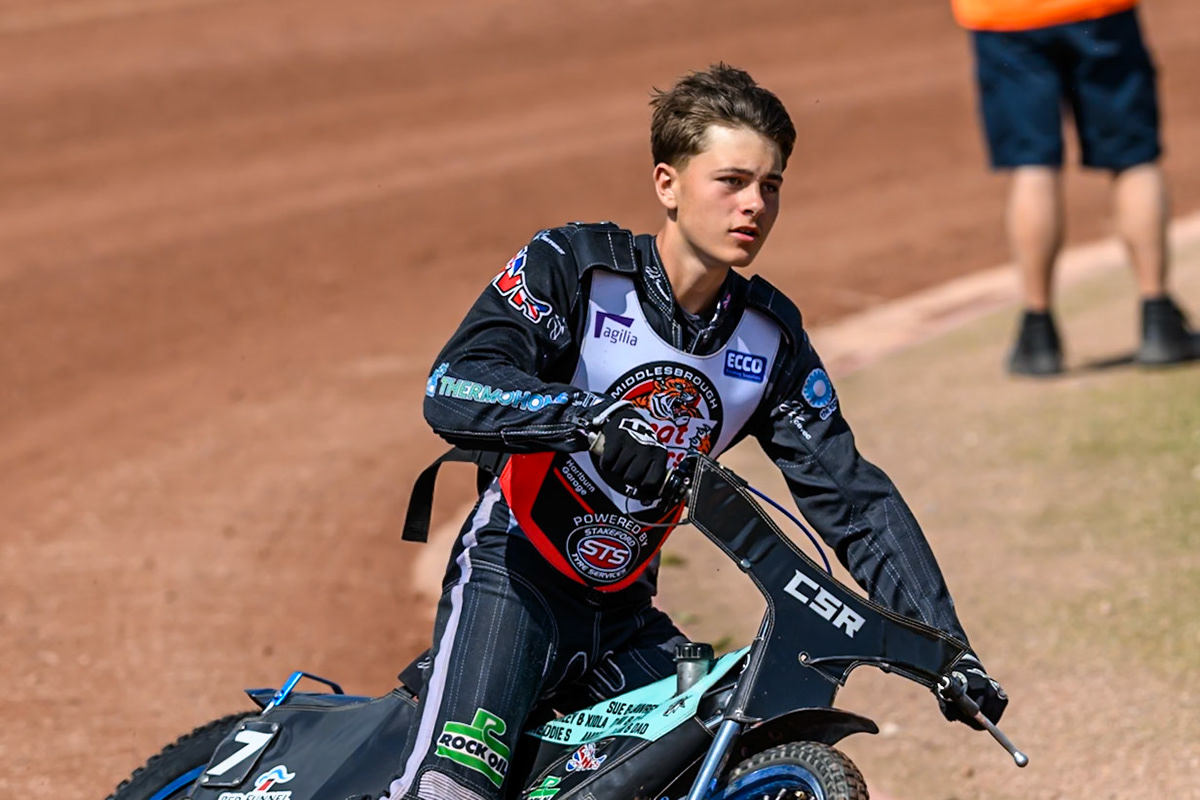 Charlie Southwick of Middlesborough Tigers on the parade lap during the WSRA National Development League match between Belle Vue Colts and Middlesbrough Tigers at the National Speedway Stadium, Manchester on Sunday 10th August 2025. (Photo: Mark Fletcher | MI News)