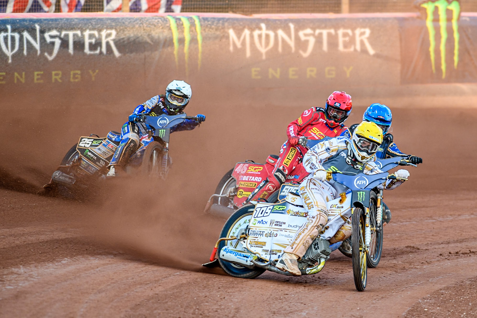 Anders Thomsen (105) of Denmark in Yellow leading Robert Lambert (505) of Great Britain in Blue, Max Fricke (46) of Australia in Red and Jack Holder (25) of Australia in White during the ATPI FIM Speedway Grand Prix Round 5 at the National Speedway Stadium, Manchester, on Saturday 14th June 2025. (Photo: Ian Charles | MI News)