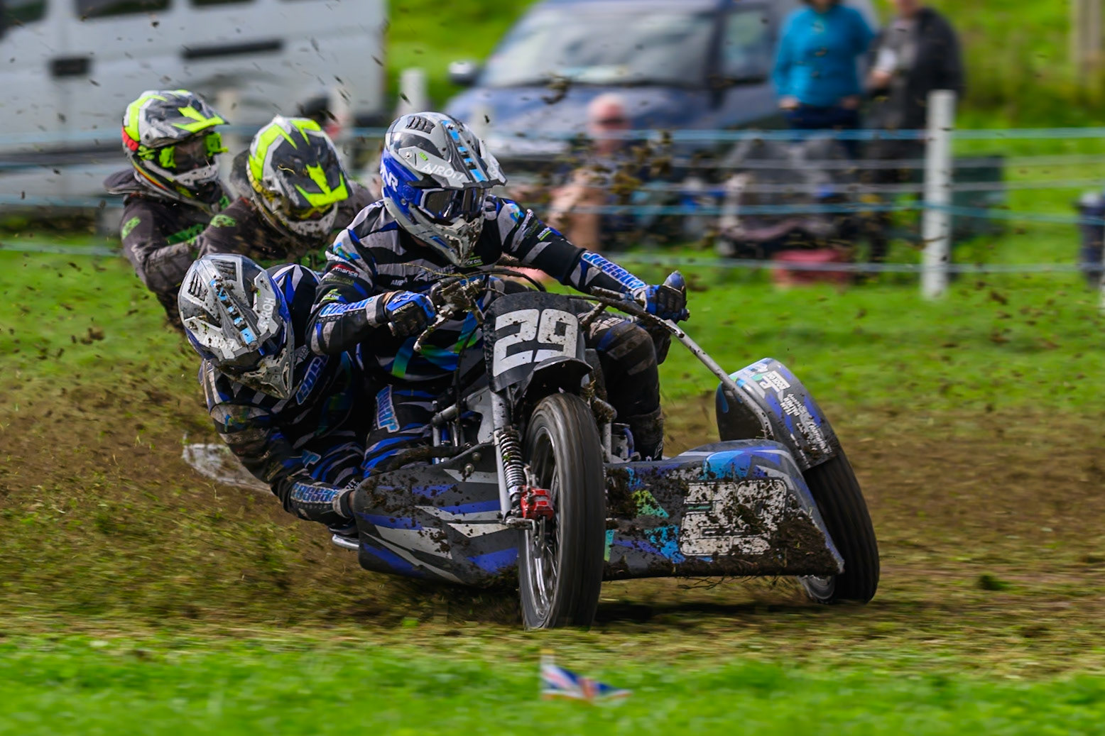British Masters 1000cc Sidecars: Tom Cossar/Ryan Wharton (29) leading John Hand/Adrian North (3) during the British Masters Grasstrack Championship at Lower Marsh Farm, Much Hoole, Preston in Lancashire, England on Sunday 13th September 2026. (Photo: Ian Charles | MI News)