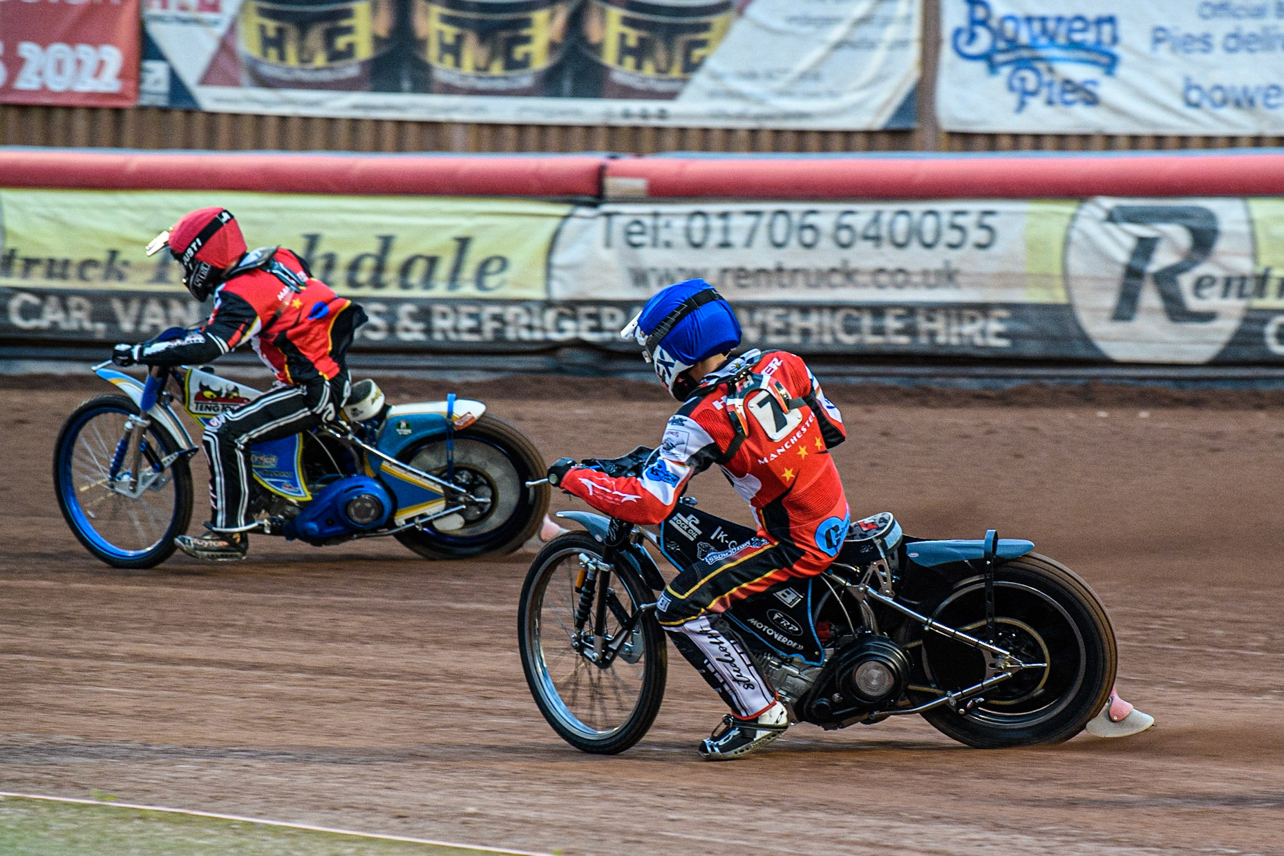 Freddy Hodder  (Blue) chases team mate Jack Shimelt  during the National Development League match between Belle Vue Colts and Oxford Chargers at the National Speedway Stadium, Manchester on Friday 12th May 2023. (Photo: Ian Charles | MI News)