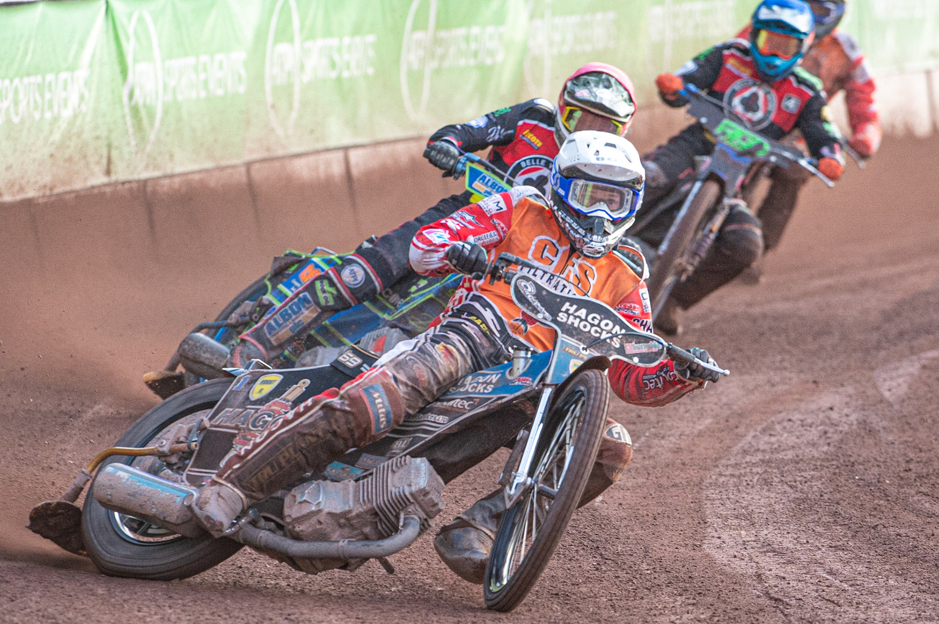Photo by Ian Charles

Jason Doyle (White) leads Dan Bewley  (Red) and Dimitri Bergé  (Blue)


Belle Vue Aces v Swindon Robins, British Speedway Premiership, Belle Vue National Speedway Stadium, Manchester, Monday 12  August  2019