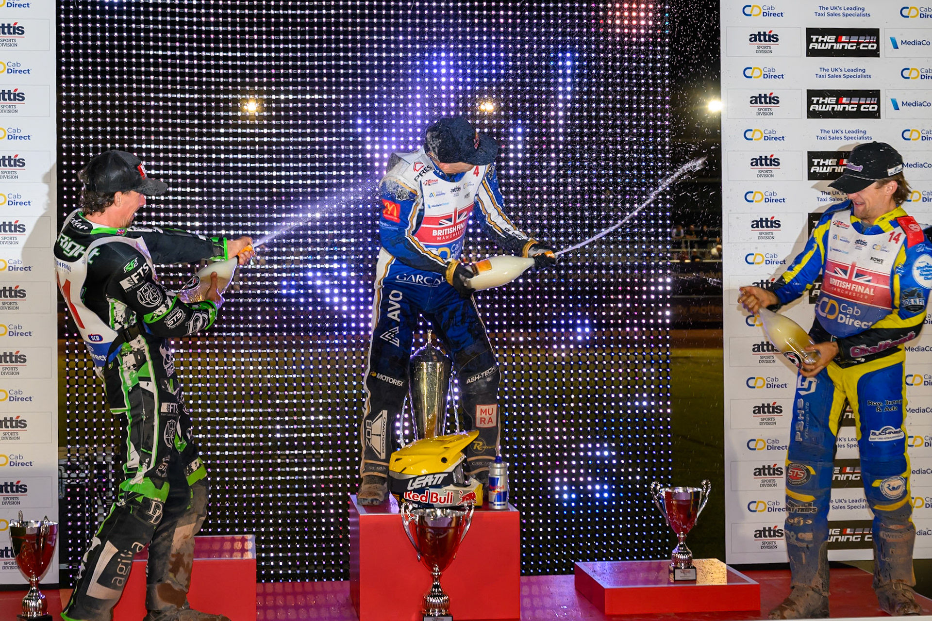 Champagne Capers on the rostrum during the Cab Direct British Speedway Championship Final at the National Speedway Stadium, Manchester on Saturday 15th August 2026. (Photo: Ian Charles | MI News)