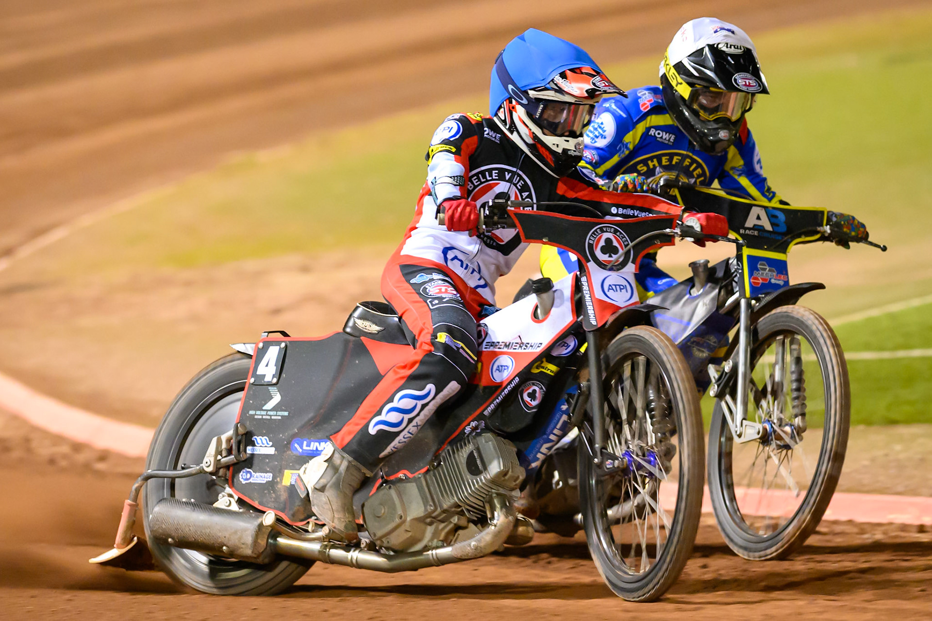Zach Cook of Belle Vue Aces in Blue leading Josh Pickering of Sheffield Tigers in White during the Rowe Motor Oil Premiership match between Belle Vue Aces and Sheffield Tigers at the National Speedway Stadium, Manchester on Monday 14th September 2026. (Photo: Ian Charles | MI News)