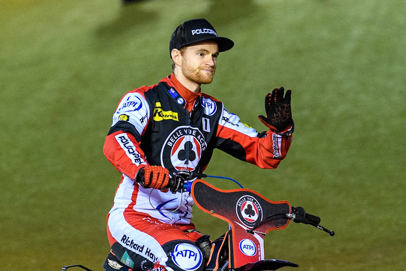 Belle Vue Aces' Brady Kurtz on the parade lap during the Rowe Motor Oil Premiership Play Off Semi Final 2, 1st Leg match between Belle Vue Aces and Sheffield Tigers at the National Speedway Stadium, Manchester on Monday 16th September 2024. (Photo: Ian Charles | MI News)