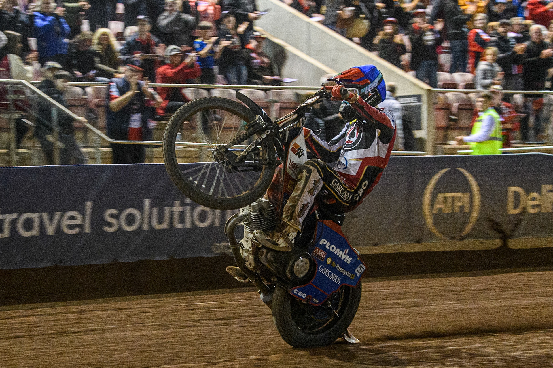 Dan Bewley celebrates with a wheelie during the Sports Insure Premiership match between Belle Vue Aces and Sheffield Tigers at the National Speedway Stadium, Manchester on Monday 7th August 2023. (Photo: Ian Charles | MI News)