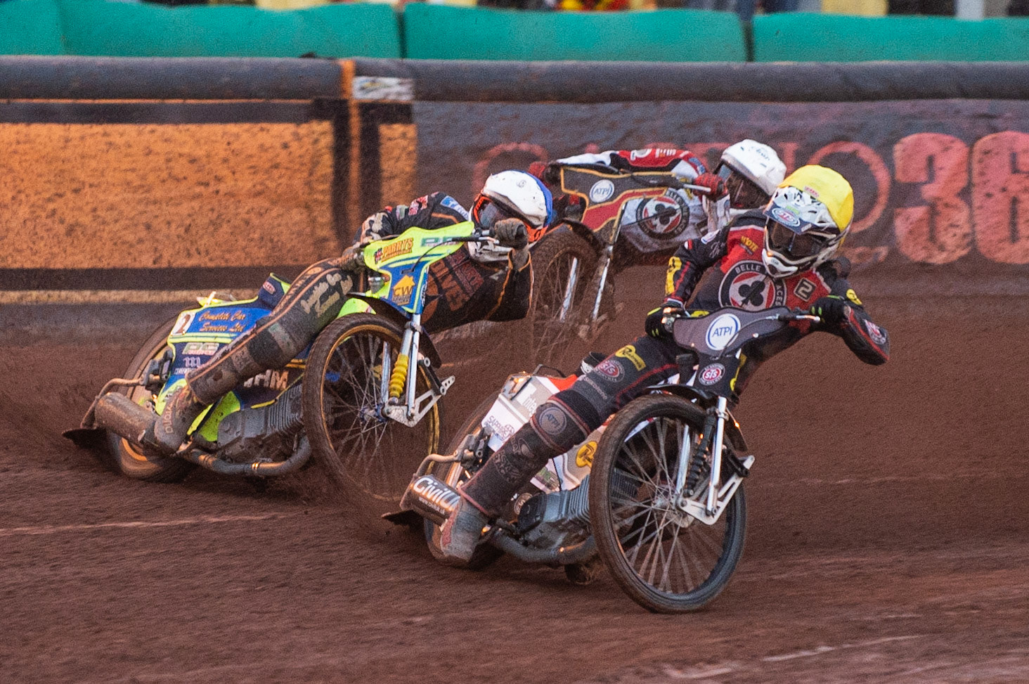 Photo by Ian Charles:

Steve Worrall  (Yellow) leads Kyle Howarth (Blue) and Max Fricke  (White)

Wolverhampton Wolves v Belle Vue Aces, British Speedway Premiership 22 April 2019