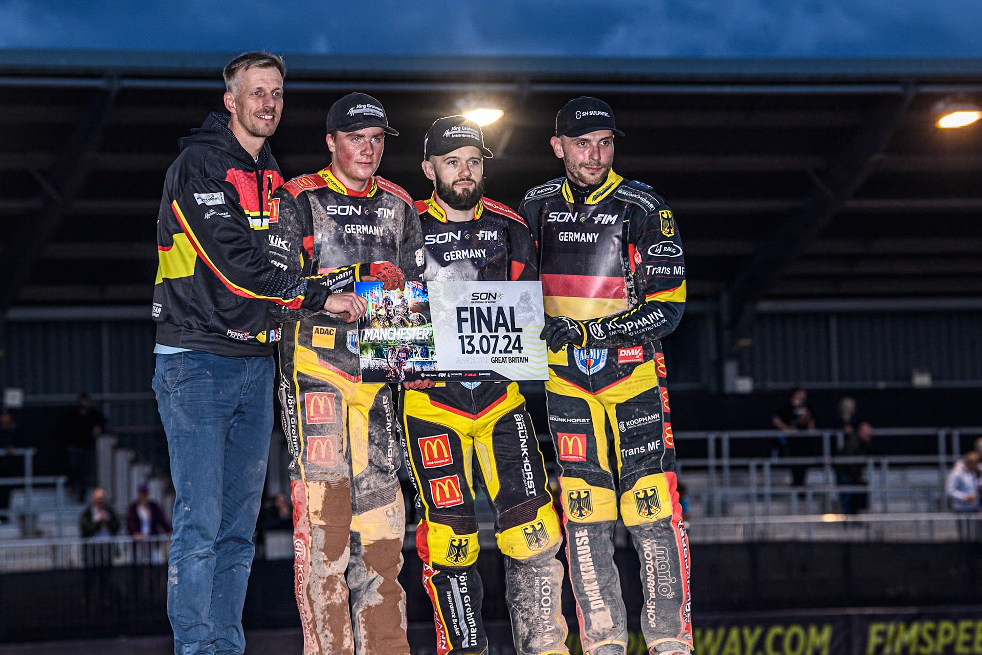 Germany’ with their third place ticket to the Final : (L to R) Team manager, Mathias Bartz, Norick Blödorn Erik Riss and Kai Huckenbeck  during the Monster Energy FIM Speedway of Nations Semi-Final 1 at the National Speedway Stadium, Manchester on Tuesday 9th July 2024. (Photo: Ian Charles | MI News)