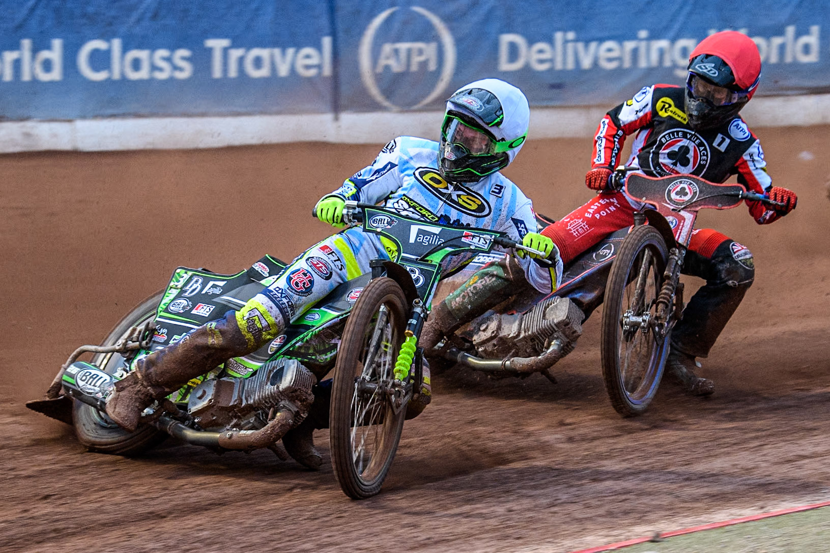 Oxford Spires' Charles Wright in White leading Belle Vue Aces' Brady Kurtz in Red during the Rowe Motor Oil Premiership match between Belle Vue Aces and Oxford Spires at the National Speedway Stadium, Manchester on Monday 13th May 2024. (Photo: Ian Charles | MI News)